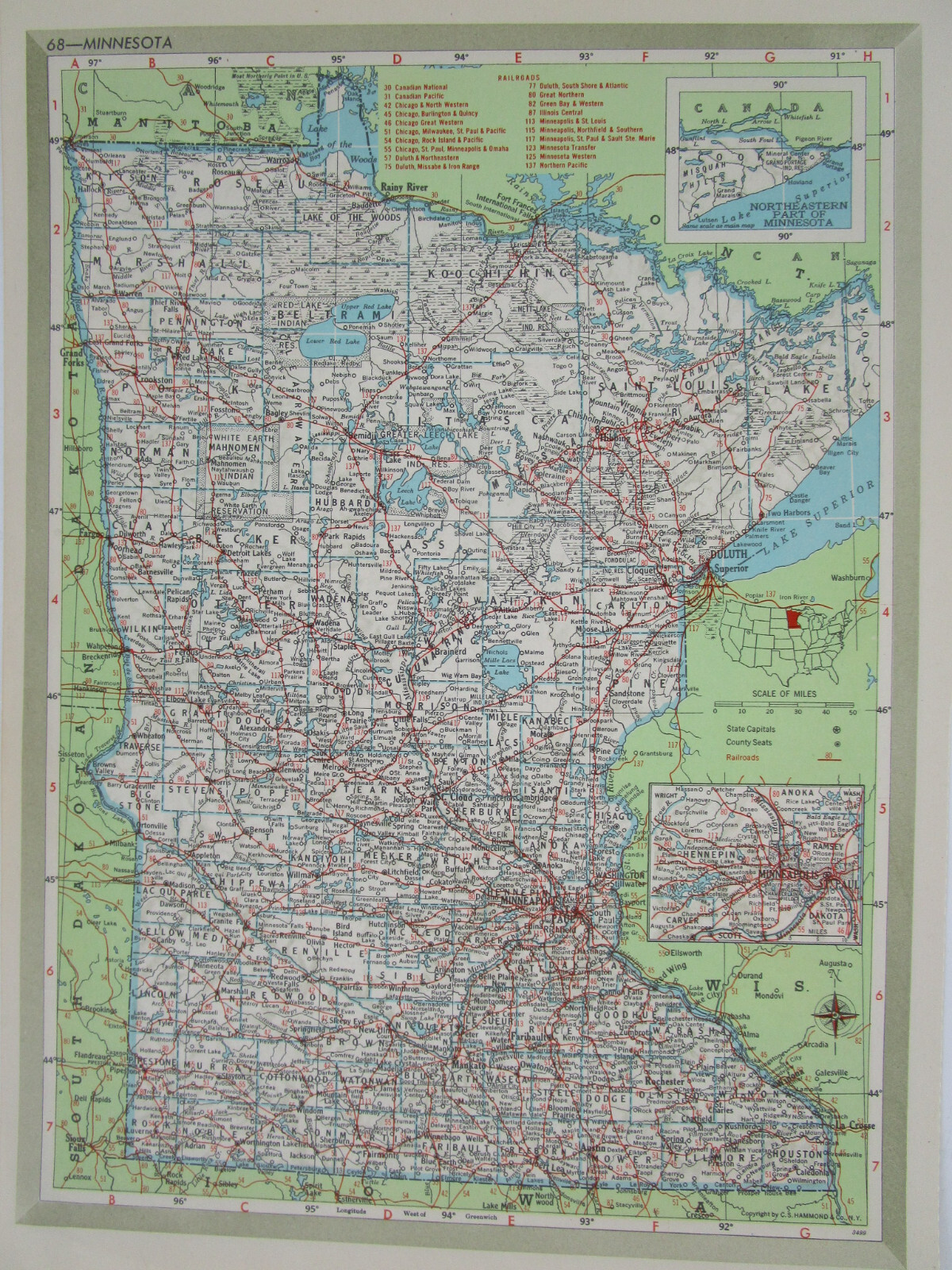 MN MI 1951 MINNESOTA RAILROAD Map DULUTH, SOUTH SHORE, & ATLANTIC RR or MICHIGAN
