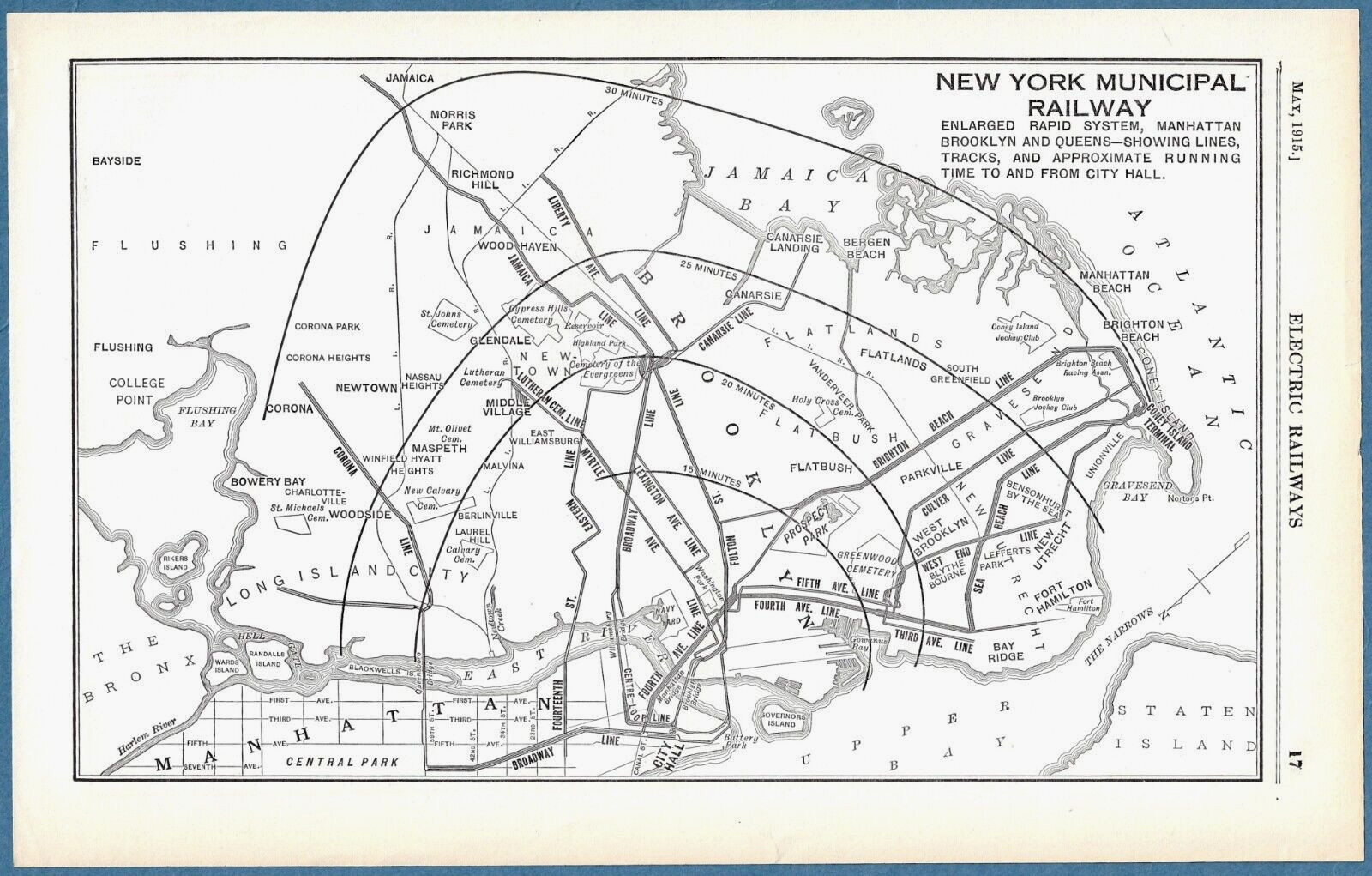 1915 NEW YORK MUNICIPAP RAILWAY MAP ~ ELECTRIC RAILWAY