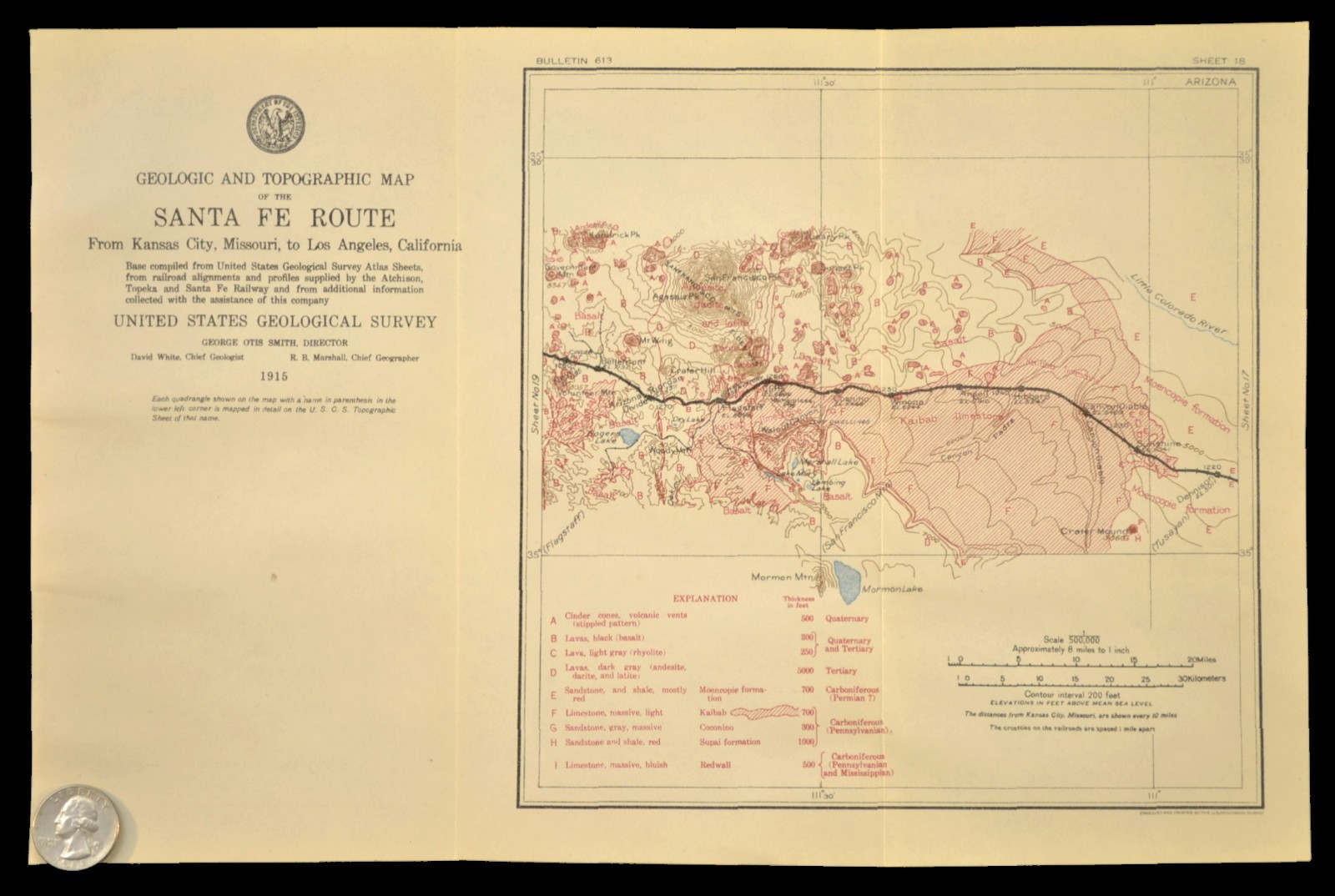 1915 Antique Santa Fe Railroad Map Line Flagstaff Arizona Cliffs AZ Geological