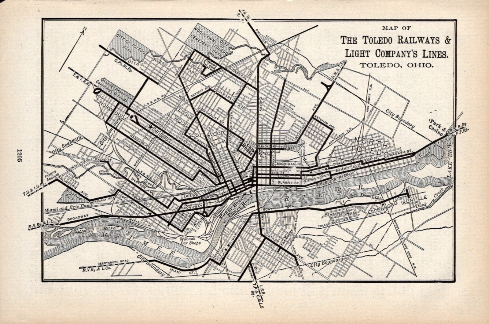 1904 Toledo Railways & Light Co. Lines Antique Railroad Map 1466