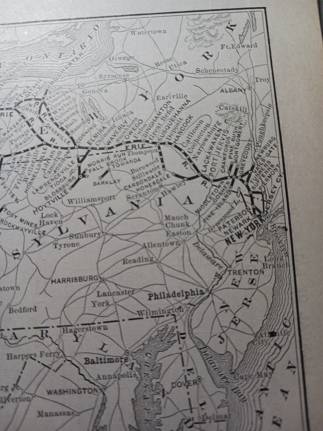 ~1896 Antique Train Route Map ERIE RAILROAD Ohio Pennsylvania New York Indiana