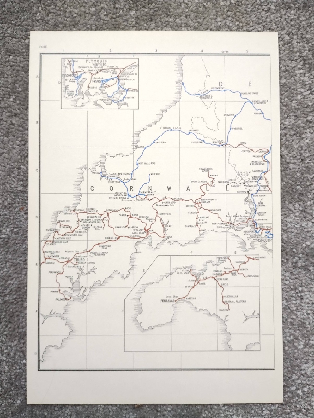 Vintage 1980 map showing Pre Grouping Rail Lines of Cornwall