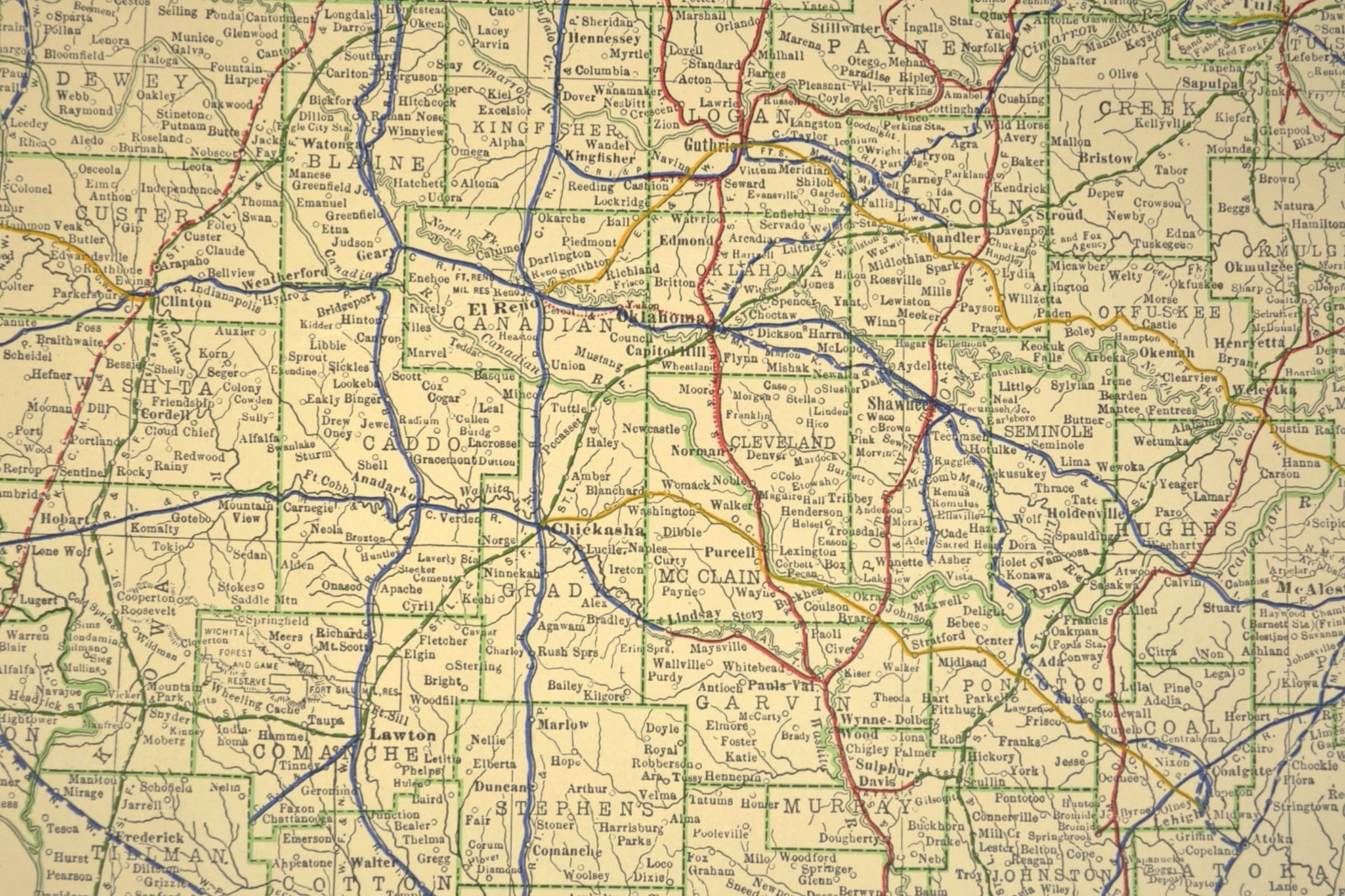 1914 Antique Map of OKLAHOMA Railroads Map ORIGINAL Atlas Map CRI&P RR DATED