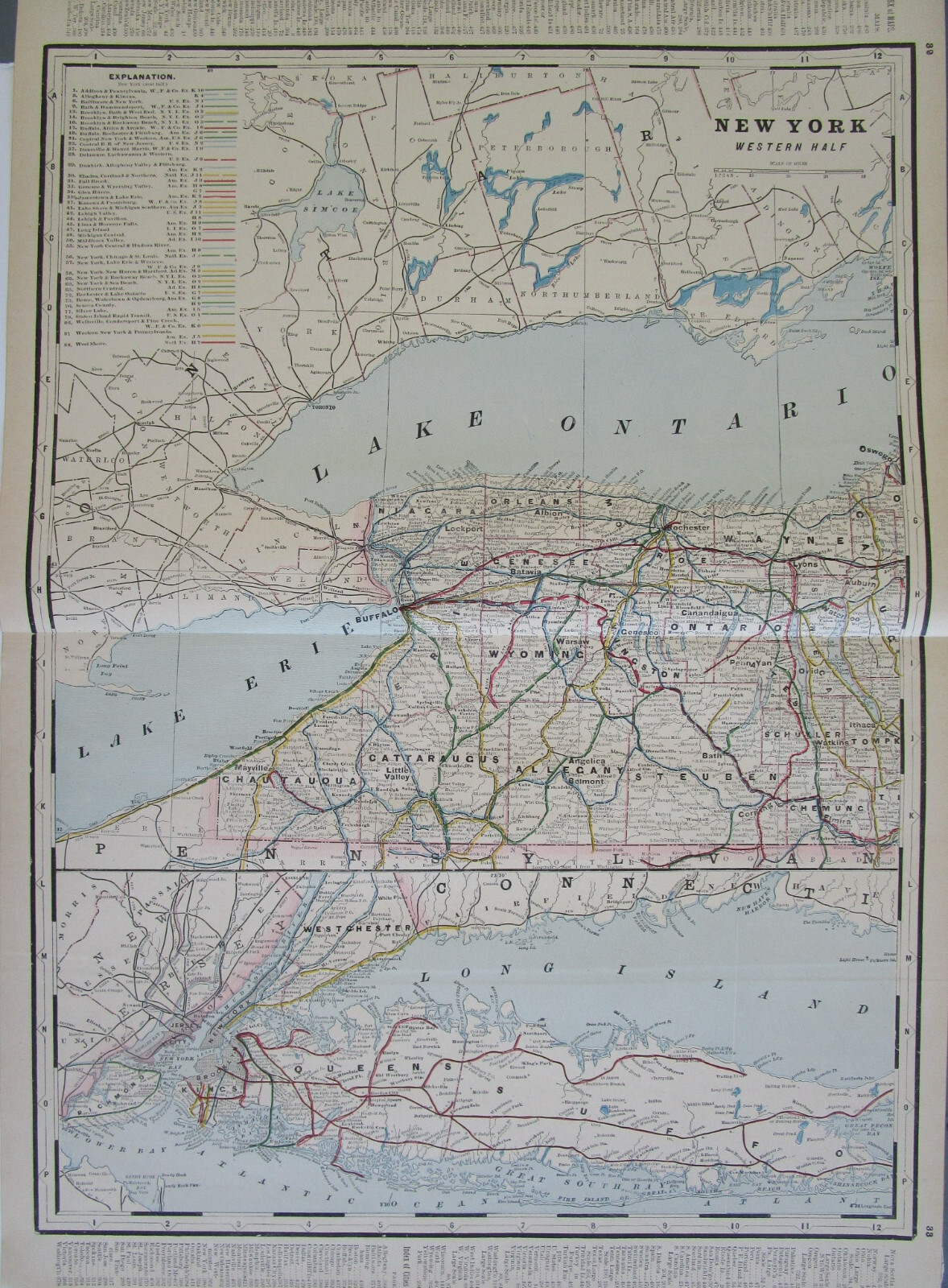 NY 1895 WESTERN NEW YORK Cram RAILROAD Map WELLSVILLE COUDERSPORT PINE CREEK RR