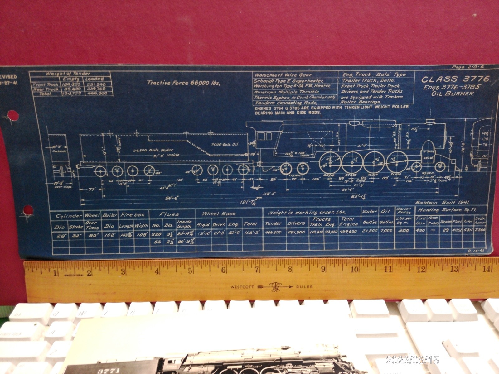 AT&SF RAILROAD ORIG BLUEPRINT DATA DIAGRAM BUILDERS PHOTO 4-8-4 LOCOMOTIVE #3751