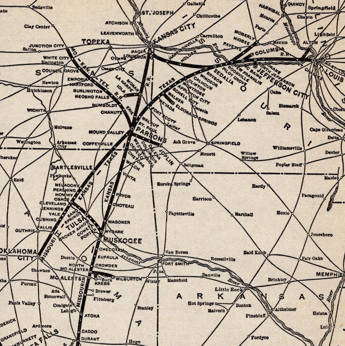 1924 Antique MKT Railroad Map Missouri Kansas Texas Lines Railroad Map 2093