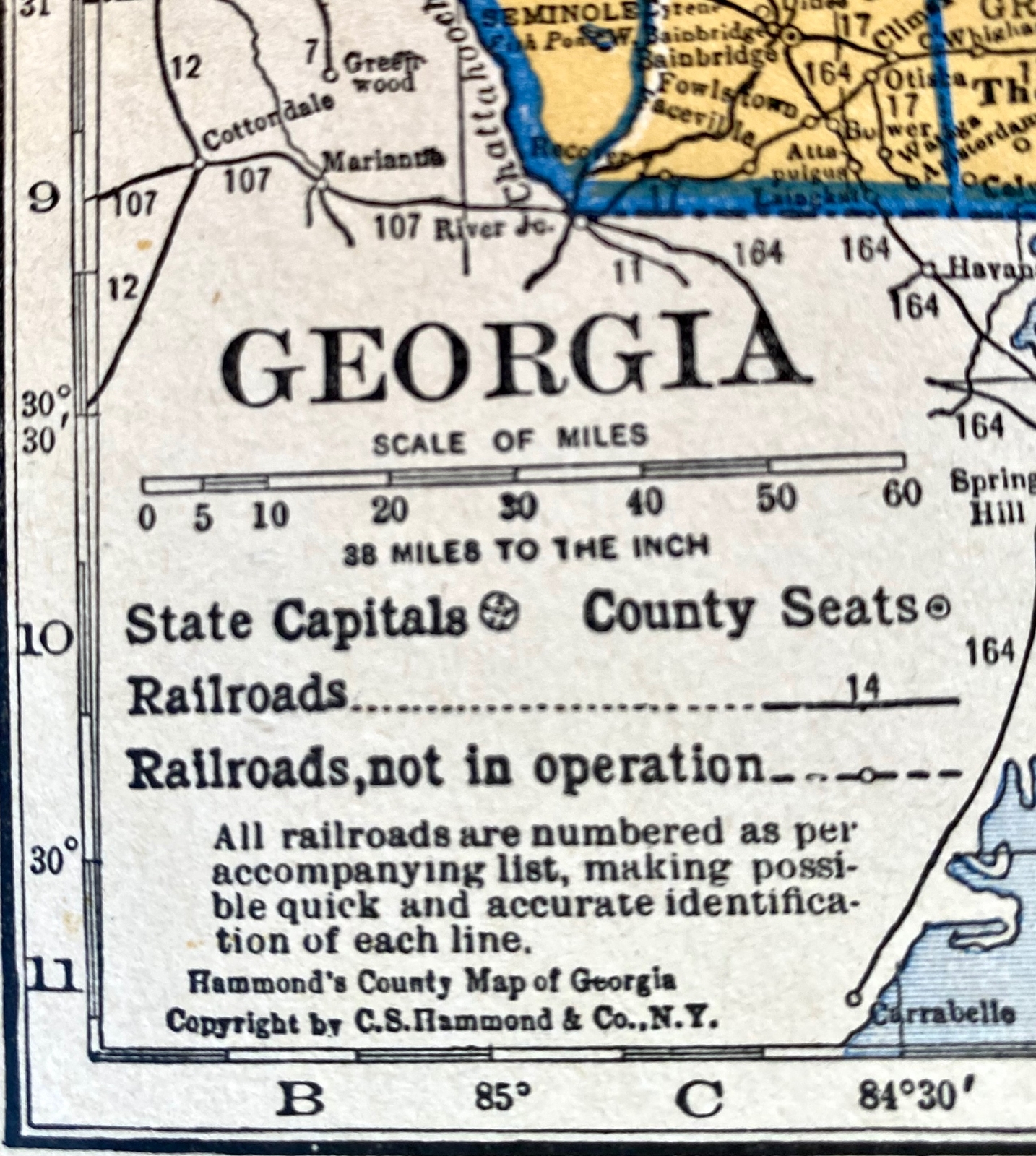 FLORIDA & GEORGIA Original c 1935 County & Railroad Maps. Hammond & Co. 9×12″