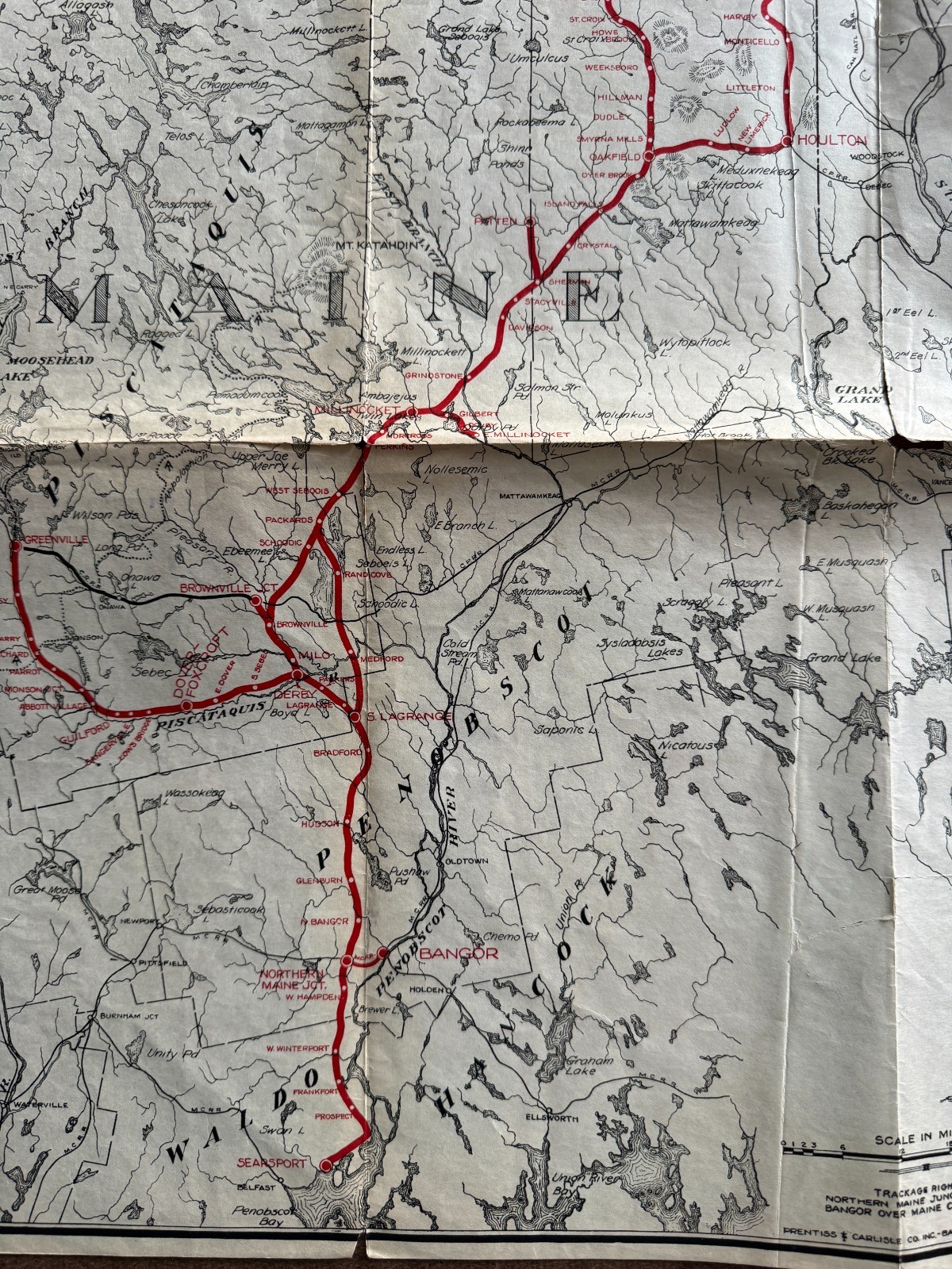 Vintage ca 1930s 17×27 Bangor and Aroostock RR Railroad Route Map Northern Maine