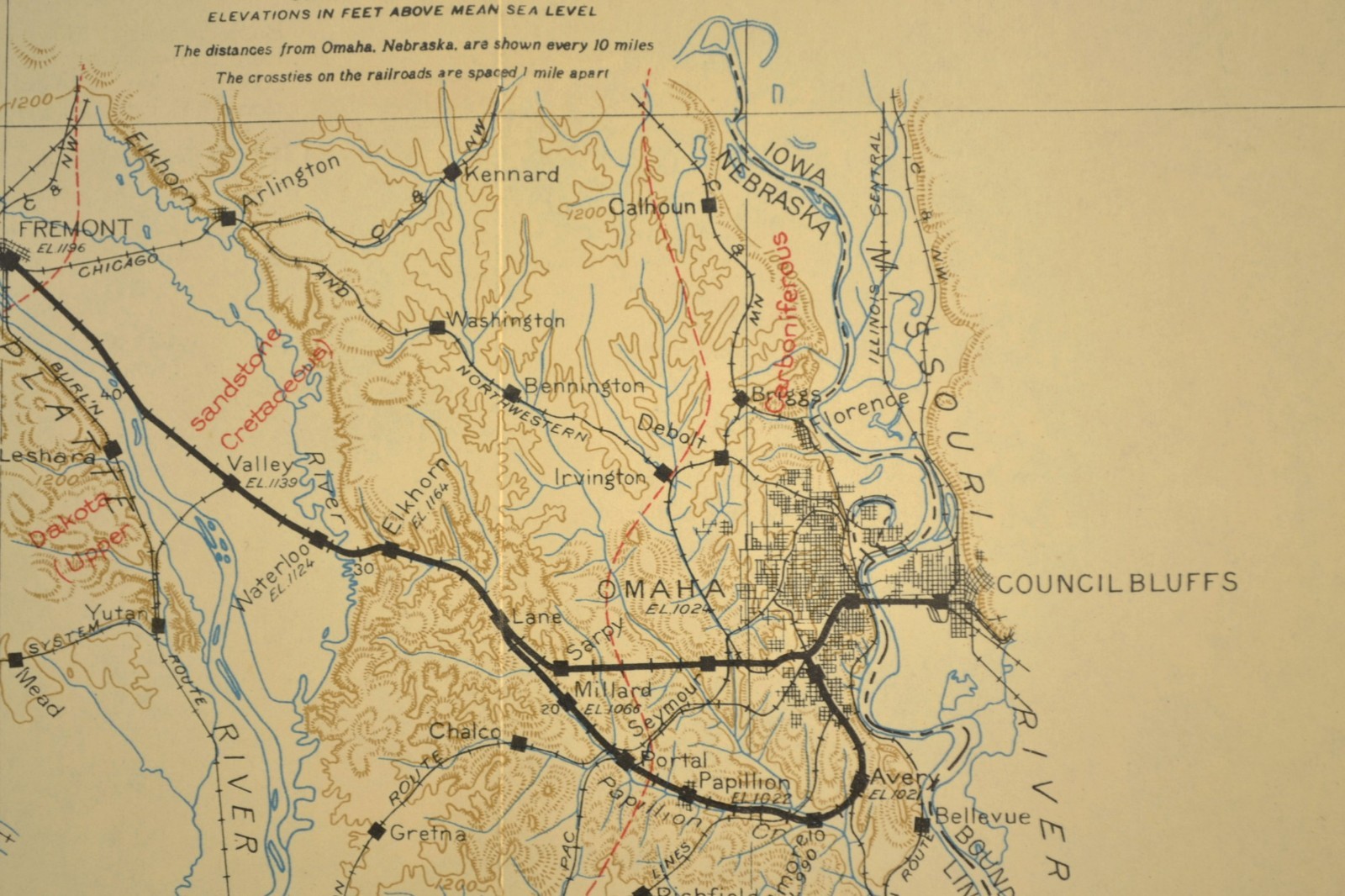 1915 Antique Union Pacific Railroad Map Omaha NE Council Bluffs Iowa Bellevue