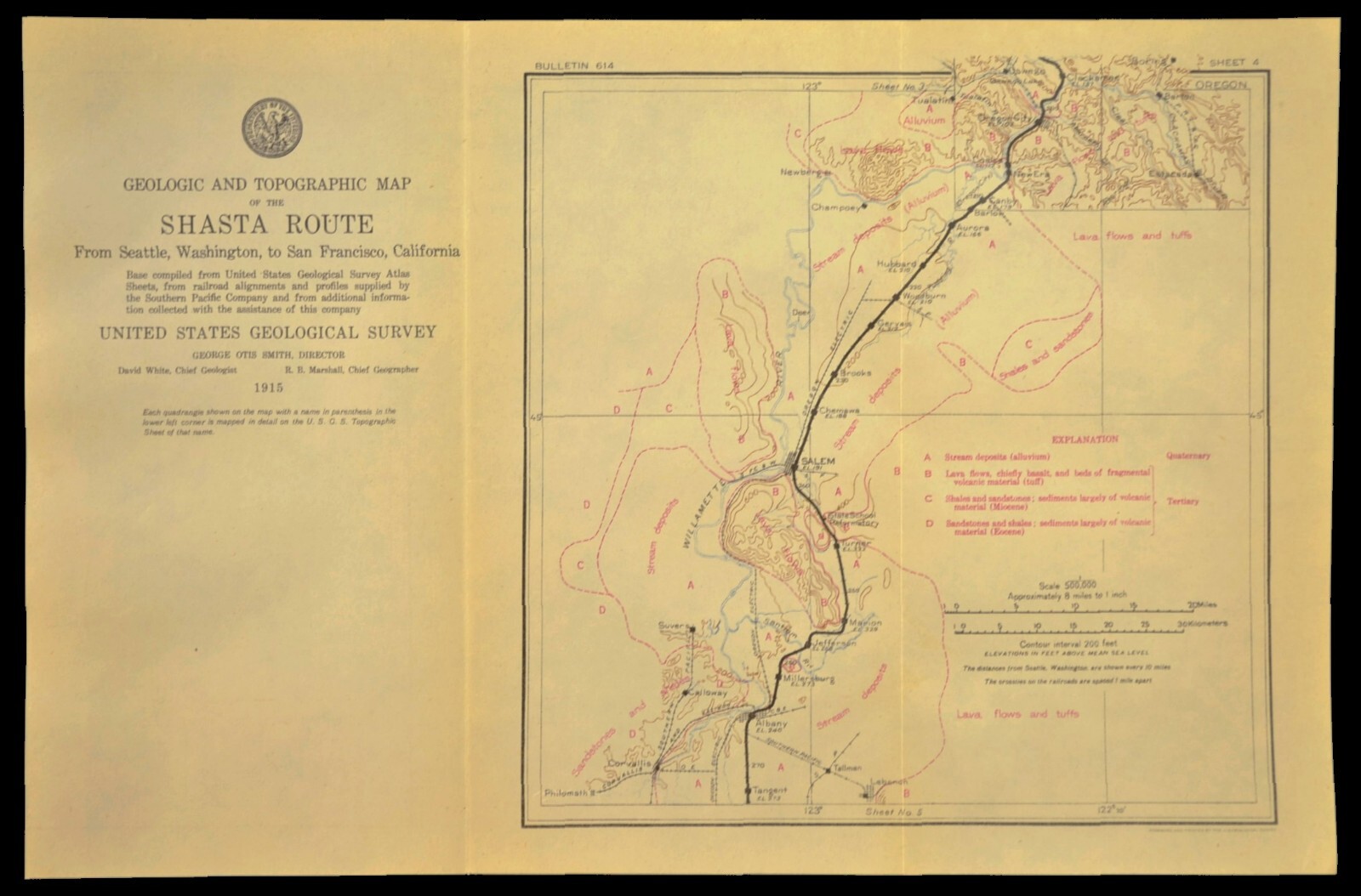 1915 Antique Southern Pacific Railroad Map Salem Oregon City Woodburn Geological