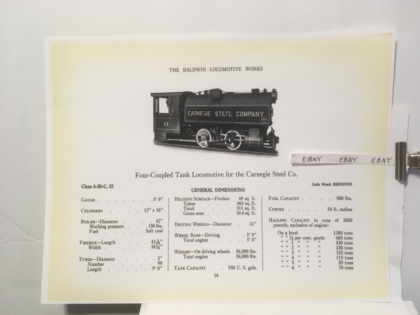 1920 Carnegie Steel Company Tank Locomotive 4-20-C Baldwin Works Catalogue Page