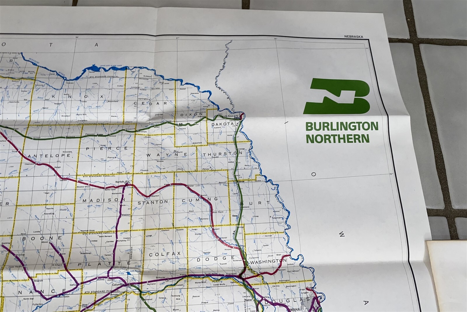 1983 Burlington Northern Railroad Nebraska Map 43 5/8″ by 23″