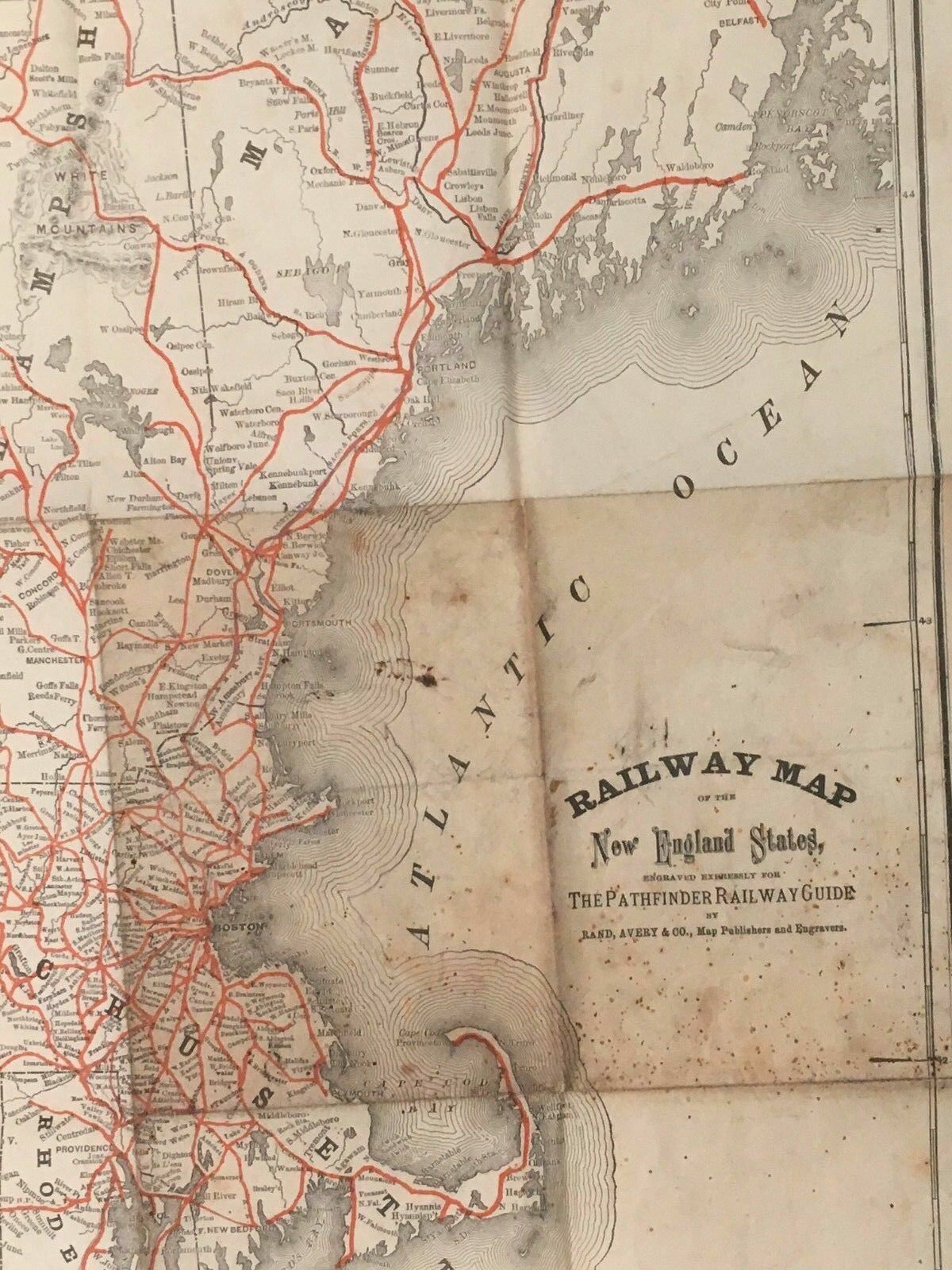 Railway Map NE States Pathfinder Railway Engraved Map c: 1870s/1880s Rand Avery