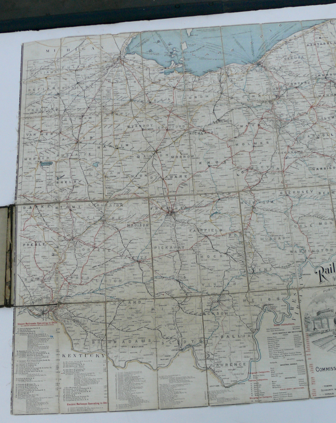 OHIO RAILROAD MAP 1912 FOLDING LINEN MAP STEAM ENGINES STATE