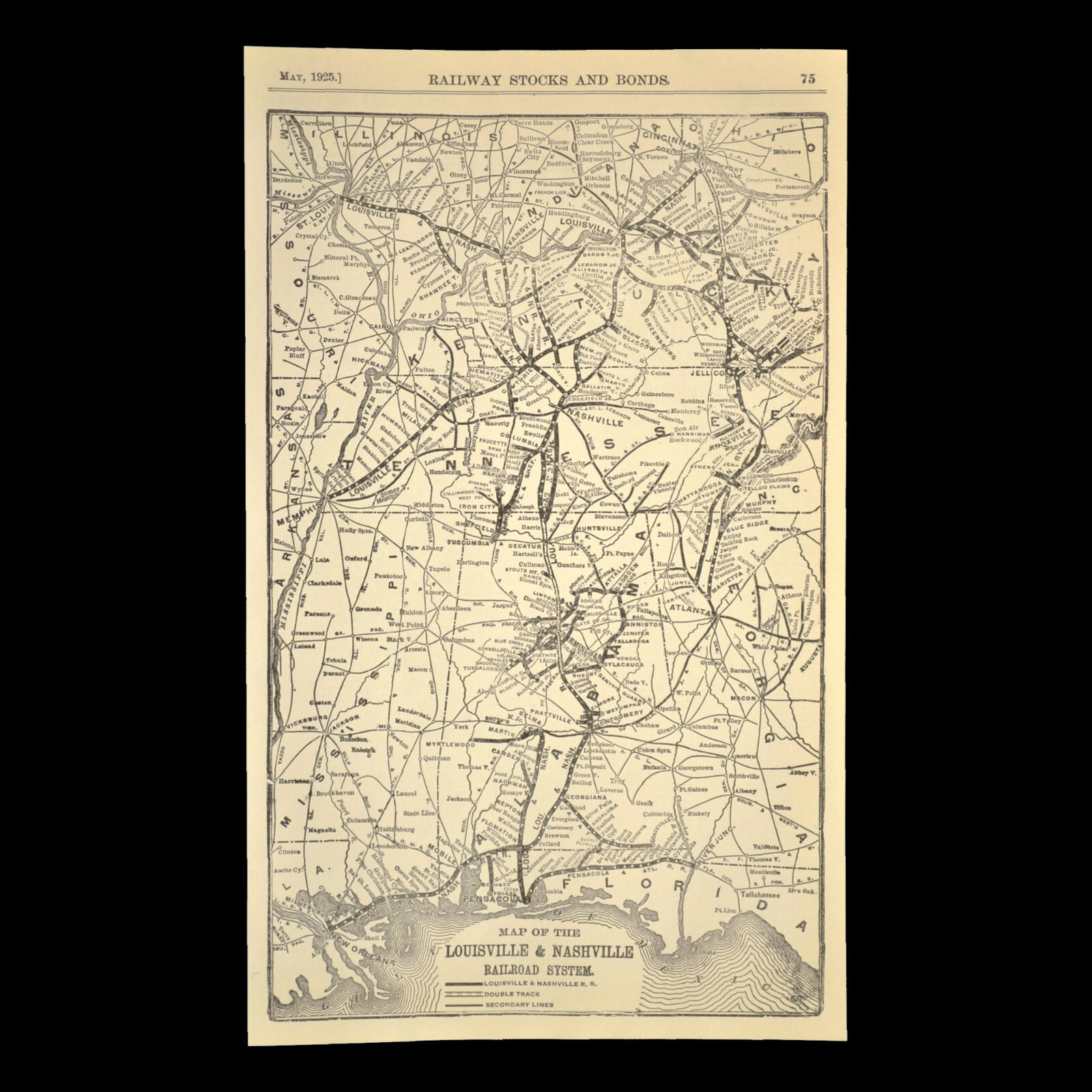 LOUISVILLE & NASHVILLE Railroad Map Vintage Railway Pensacola Florida ca 1925
