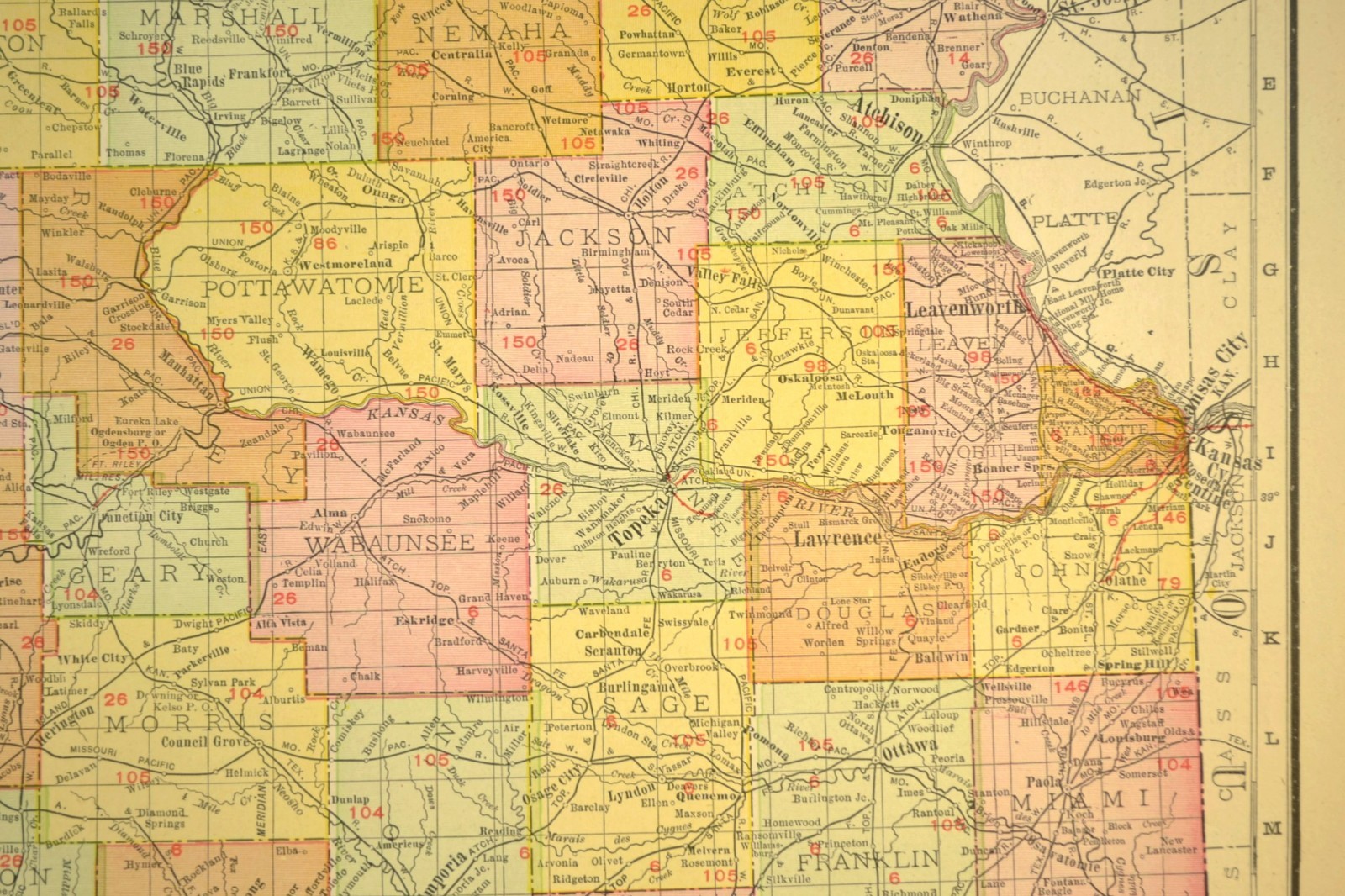 1911 Antique Kansas Railroad Map ORIGINAL Atlas Map DATED