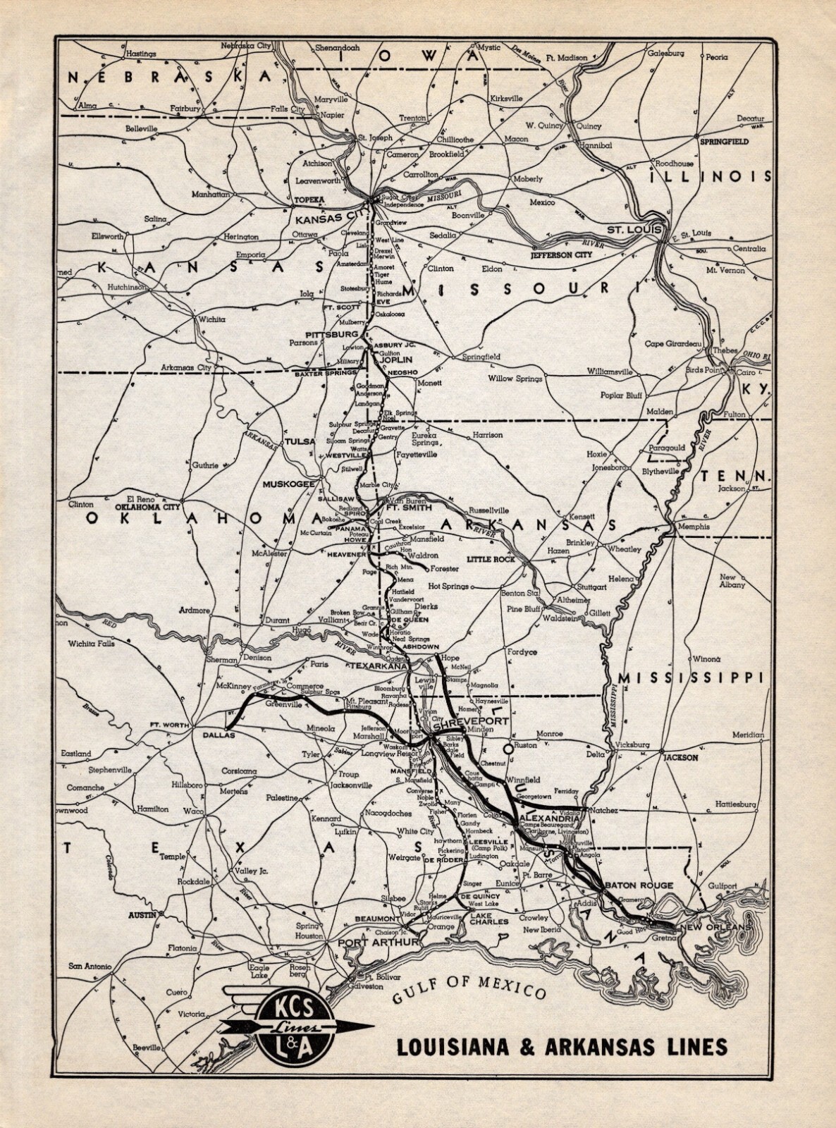 1941 Antique Louisiana & Arkansas Railroad Map L & A Lines Railway Map 2019