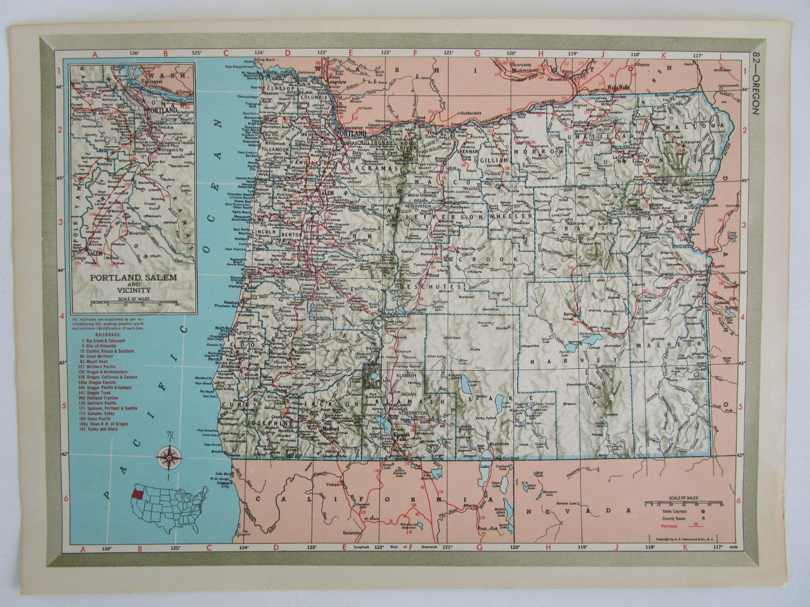 OR OK Vintage 1951 OREGON RAILROAD MAP. SUMPTER VALLEY RR or OKLAHOMA. OSAGE RR