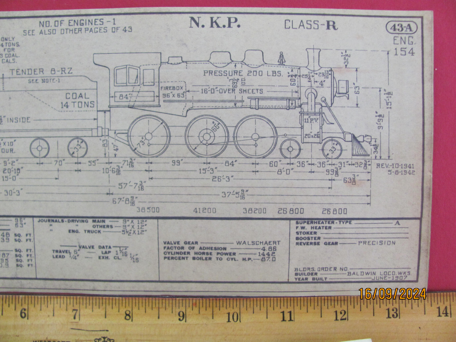 NICKLE PLATE ROAD RAILROAD ORIG 1943 DIAGRAM 4-6-0 LOCOMOTIVE #153 CLASS R