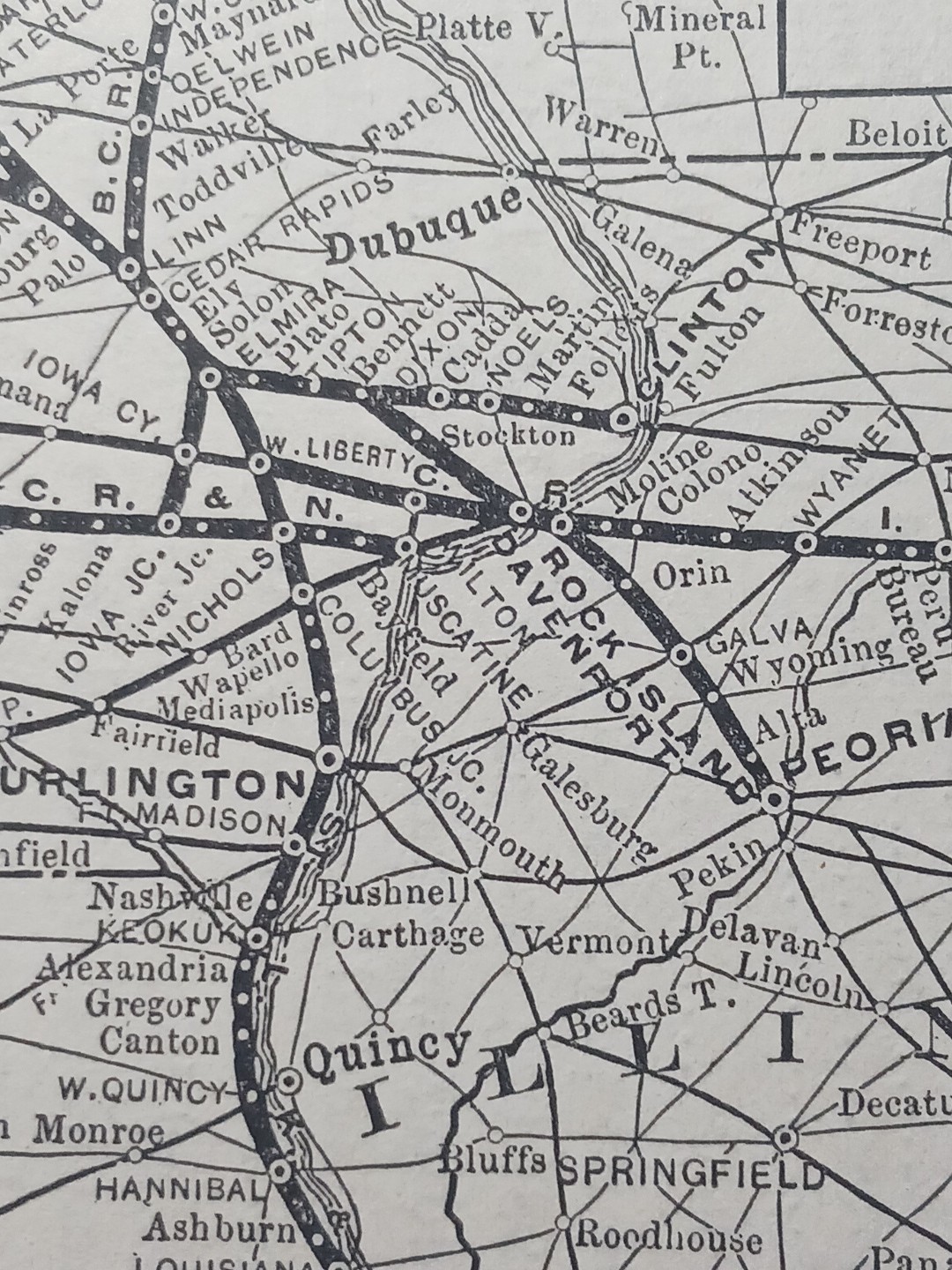 1901 RAILROAD MAP Burlington Cedar Rapids & Northern Railway all Train Routes