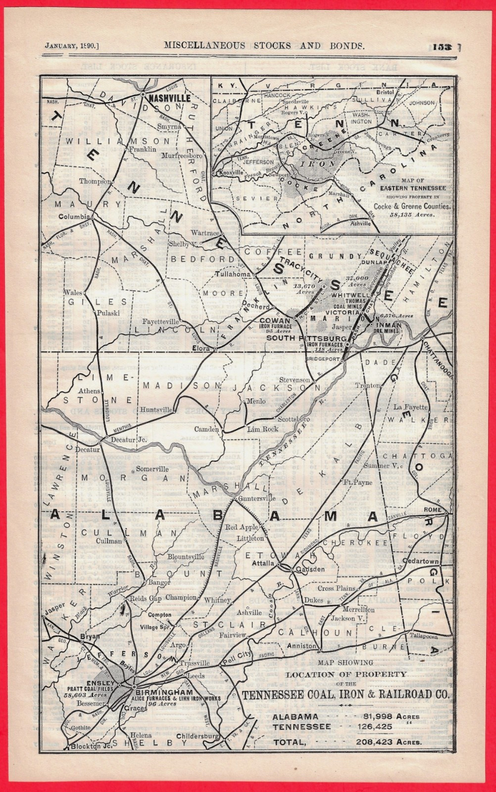 1890 Map of the Tennessee Coal, Iron & Railroad Co. (TCI) ~ Scarce
