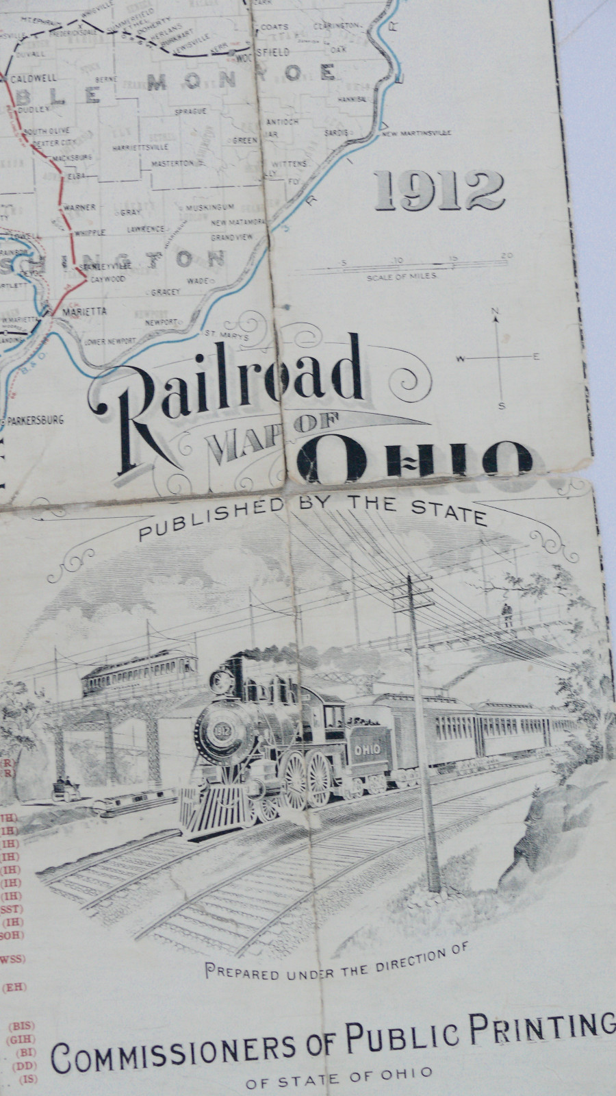 OHIO RAILROAD MAP 1912 FOLDING LINEN MAP STEAM ENGINES STATE