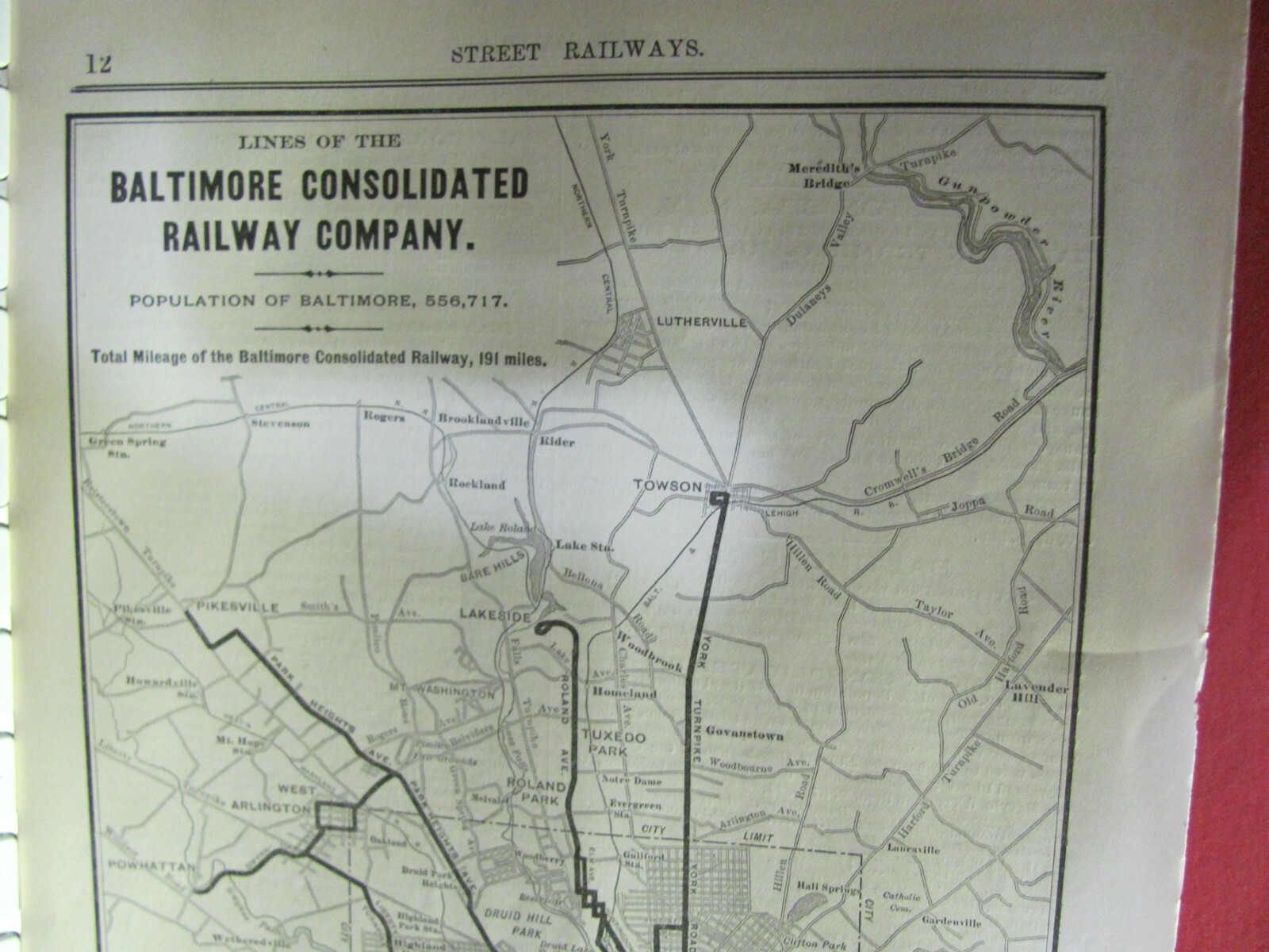 ORIGINAL 1898 BALTIMORE CONSOLIDATED RAILWAY COMPANY SYSTEM MAP w TROLLEY ROUTES