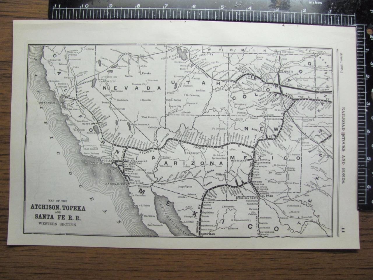 ANTIQUE ATCHISON TOPEKA & SANTA FE – WESTERN RAILROAD SYSTEM MAP PRINTED IN 1895