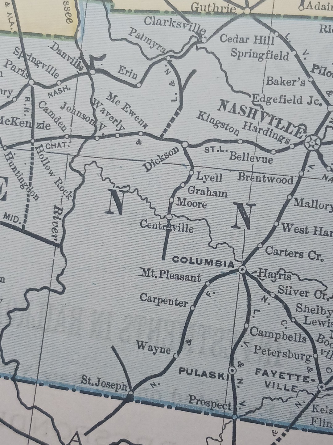 1892 Antique RAILROAD MAP Kentucky & Tennessee all Train Route Lines Mark 9×11″