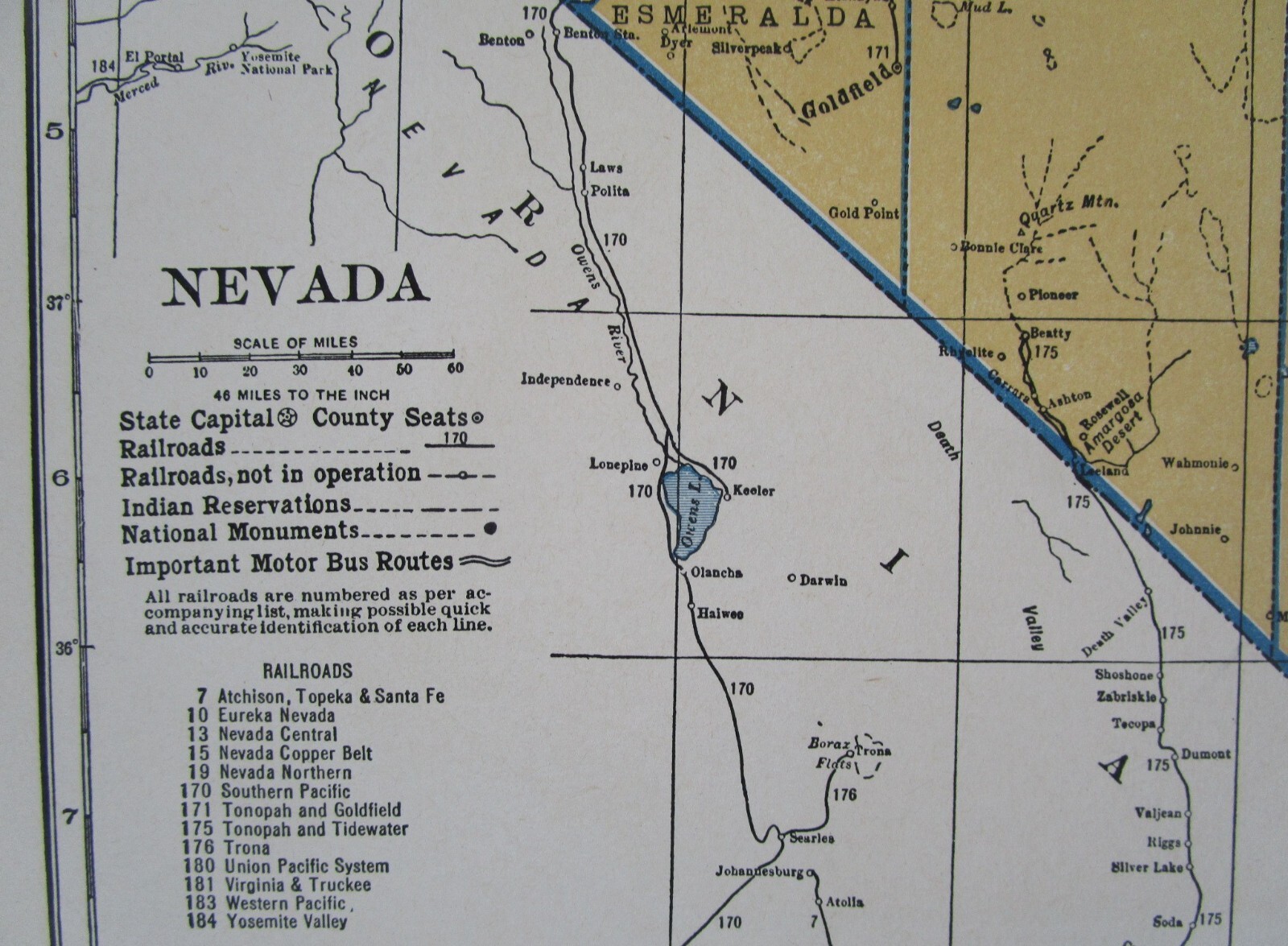 NV NH PRE WWII 1939 NEVADA RAILROAD Map TONAPAH TIDEWATER RR ~or~ NEW HAMPSHIRE
