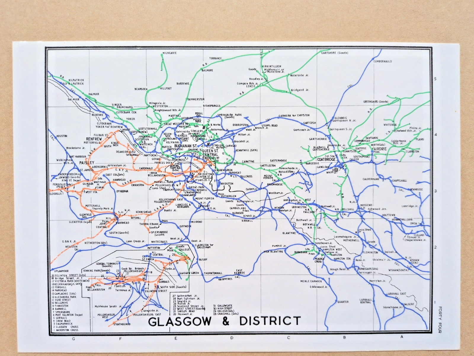 Vintage 1972 map showing Pre Grouping Rail Lines of Glasgow and District