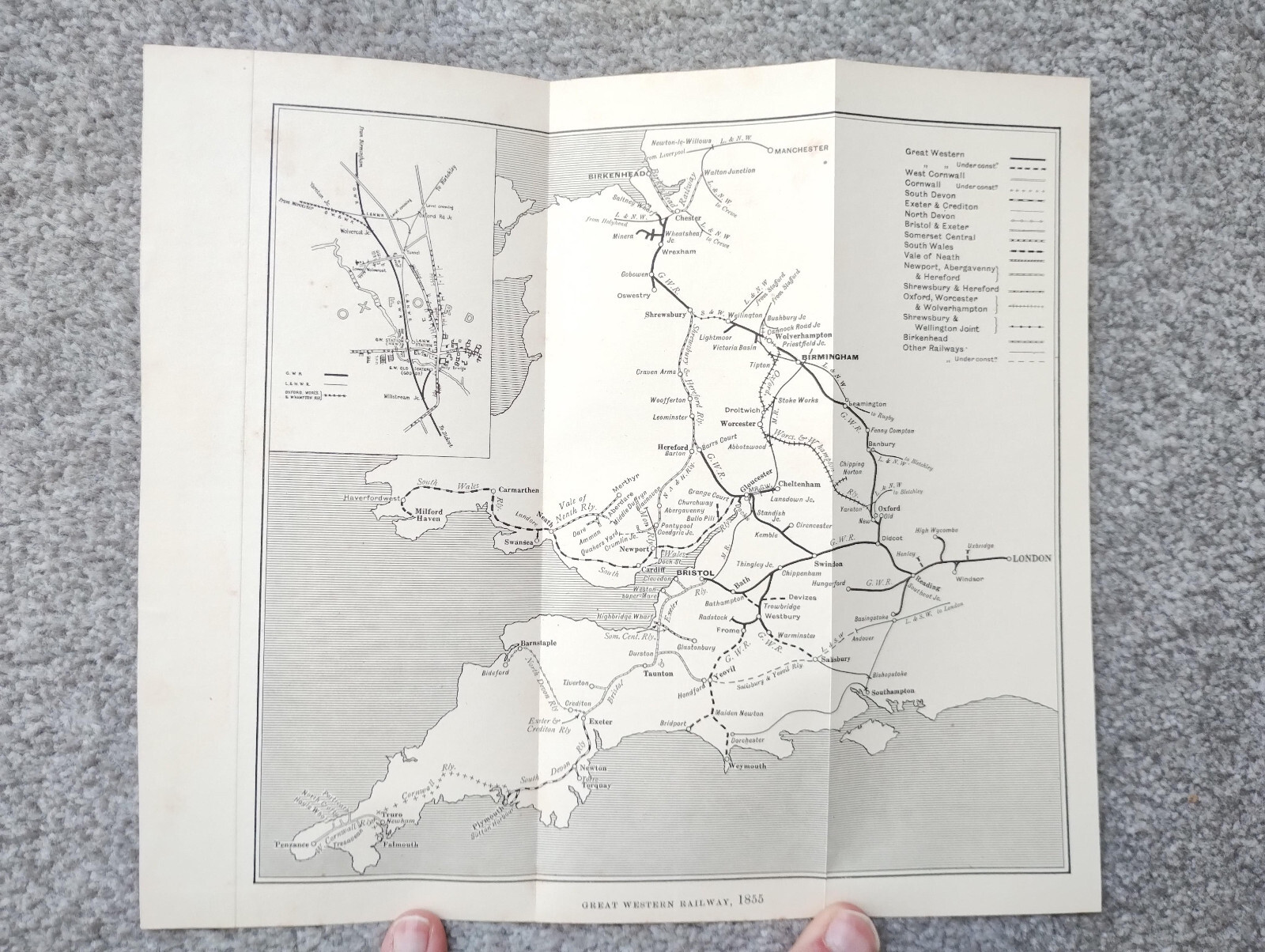 Antique 1927 Map of the Great Western Railway network in 1855