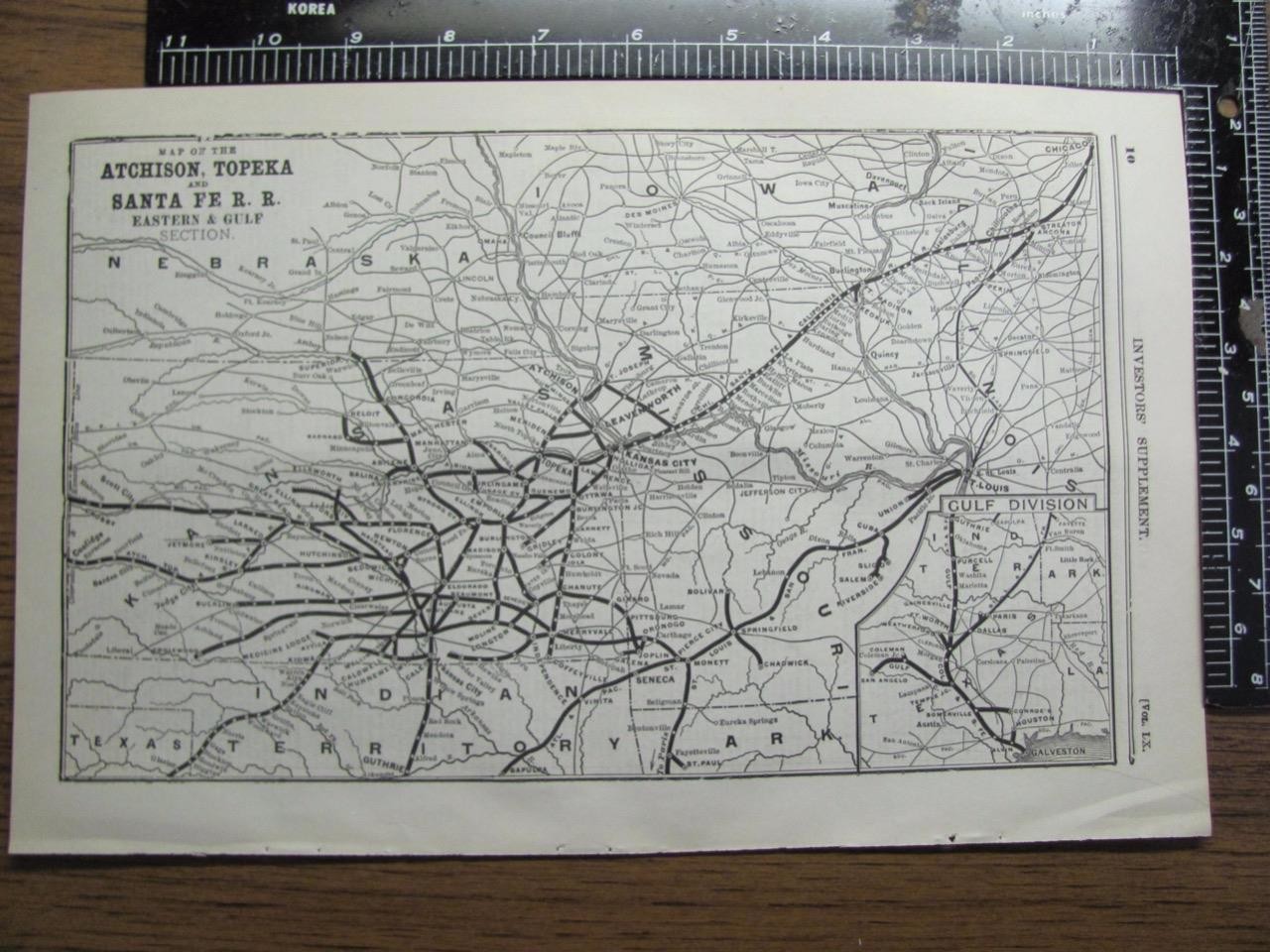 ORIG 1895 ATCHISON TOPEKA & SANTA FE RAILROAD SYSTEM MAP EASTER SECT KS MO IT TX