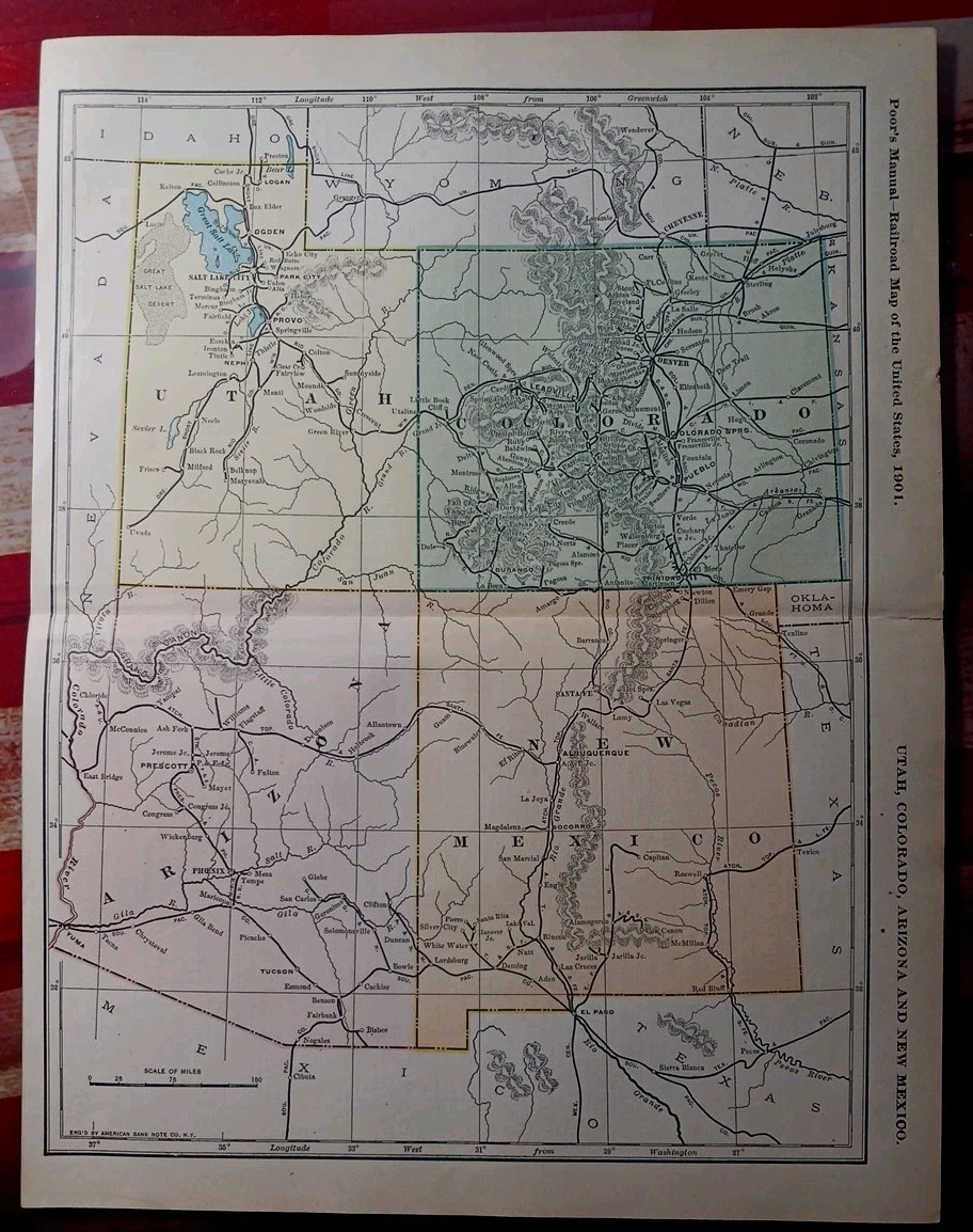 1901 Railroad Map Utah Colorado Arizona New Mexico all Train Route Lines 9×11″
