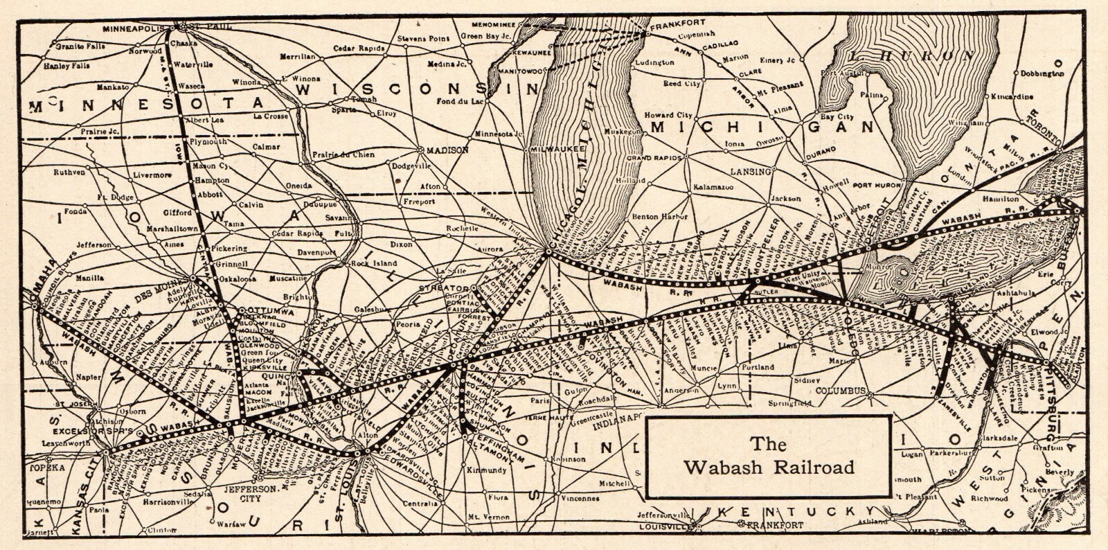 1914 Antique WABASH RAILROAD Map Vintage Wabash Railway Map 8584