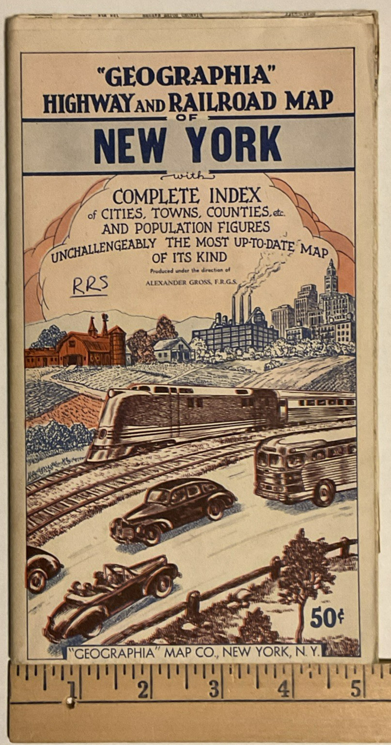 Vintage 1950s Geographia Highway & Railroad Map New York NY Alexander Gross
