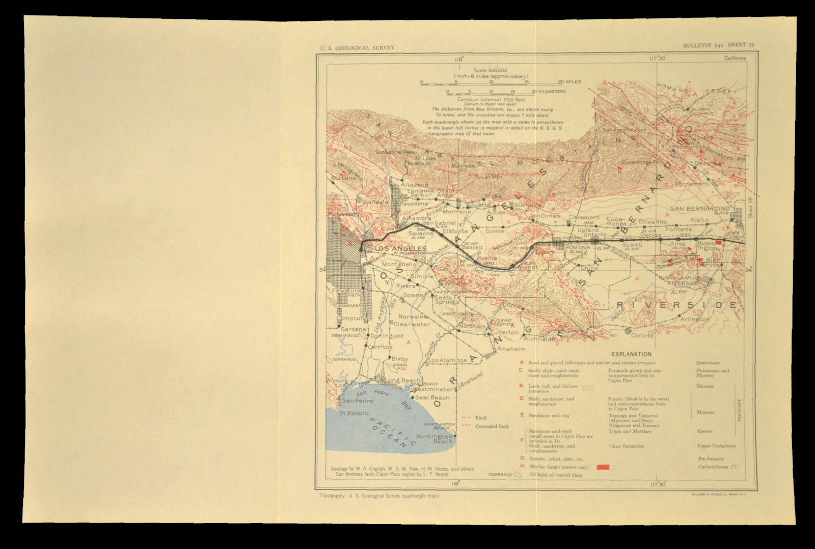 Vintage Southern Pacific Railroad Map LA California San Bernardino Fault Lines