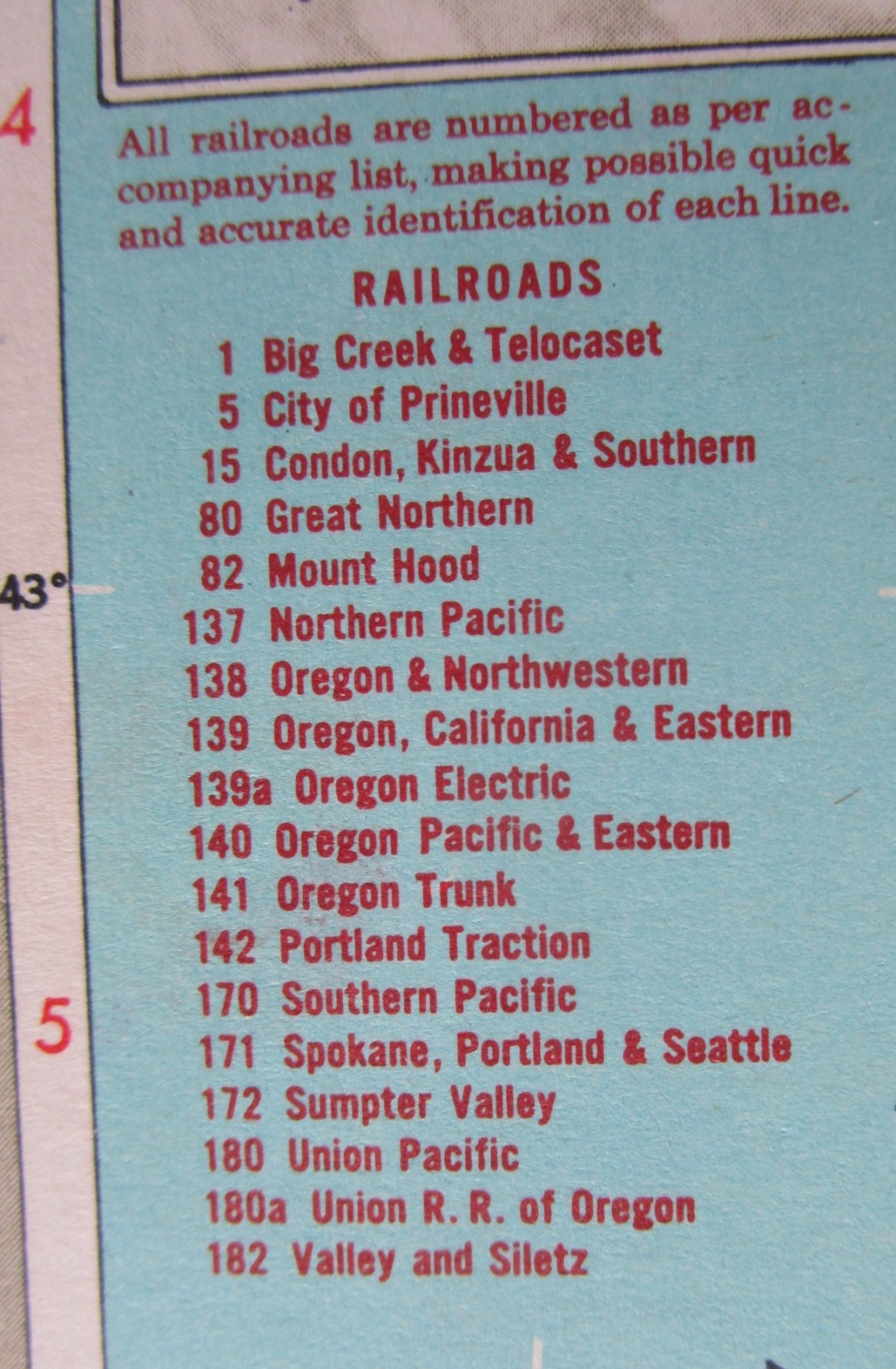 OR OK Vintage 1951 OREGON RAILROAD MAP. SUMPTER VALLEY RR or OKLAHOMA. OSAGE RR