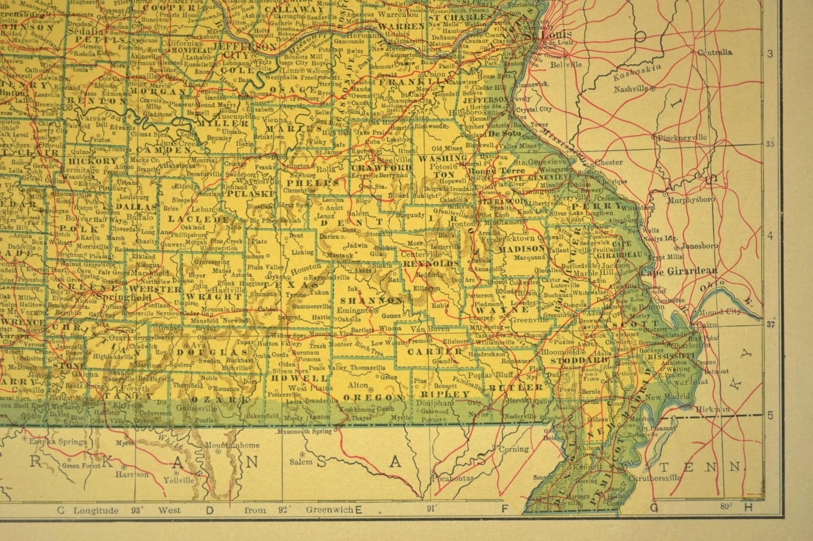 ca 1920 MISSOURI Map of Missouri Railroad Map St Louis Kansas City Atlas Map