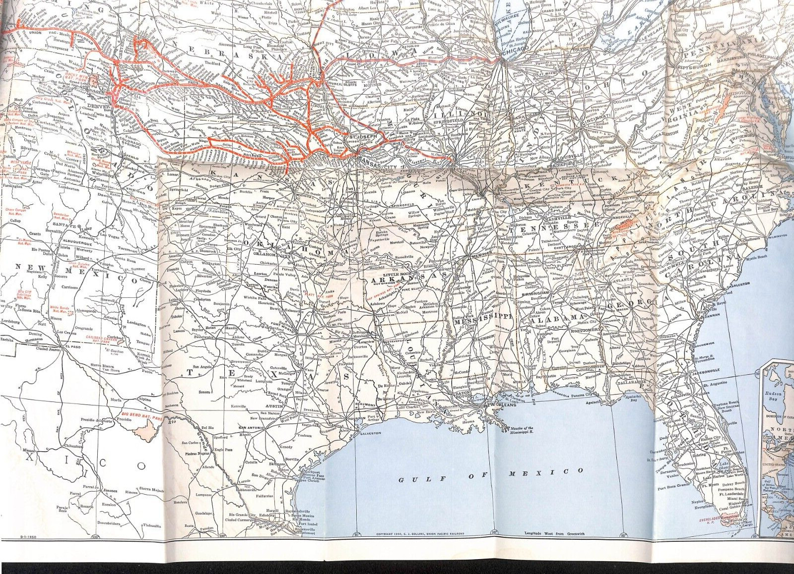 Union Pacific Railroad Map of the United States c1952 19″ x 30″