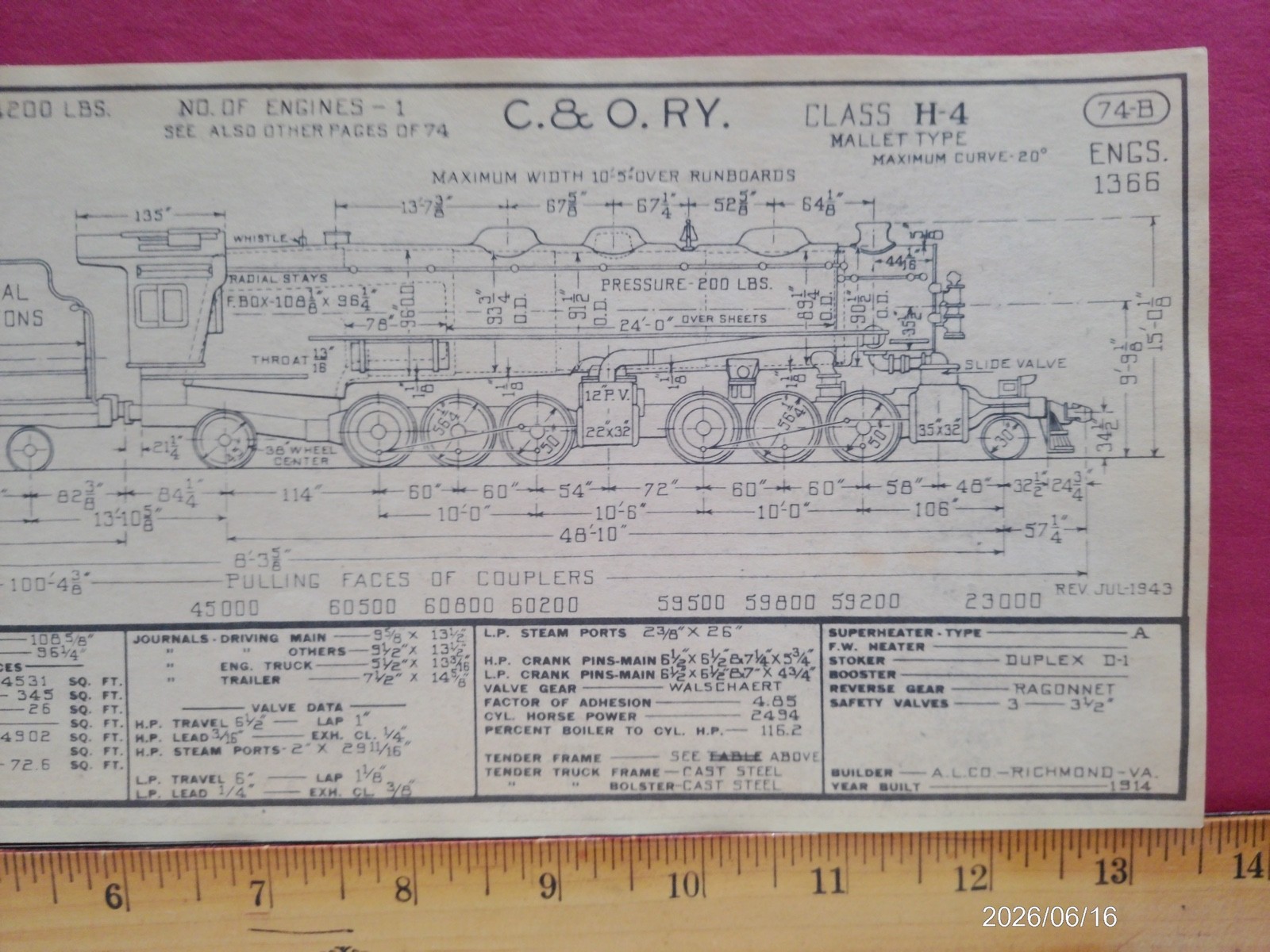 CHESAPEAKE & OHIO RAILROAD ORIG PRINTED DIAGRAM CLASS H-4 LOCOMOTIVE #1366