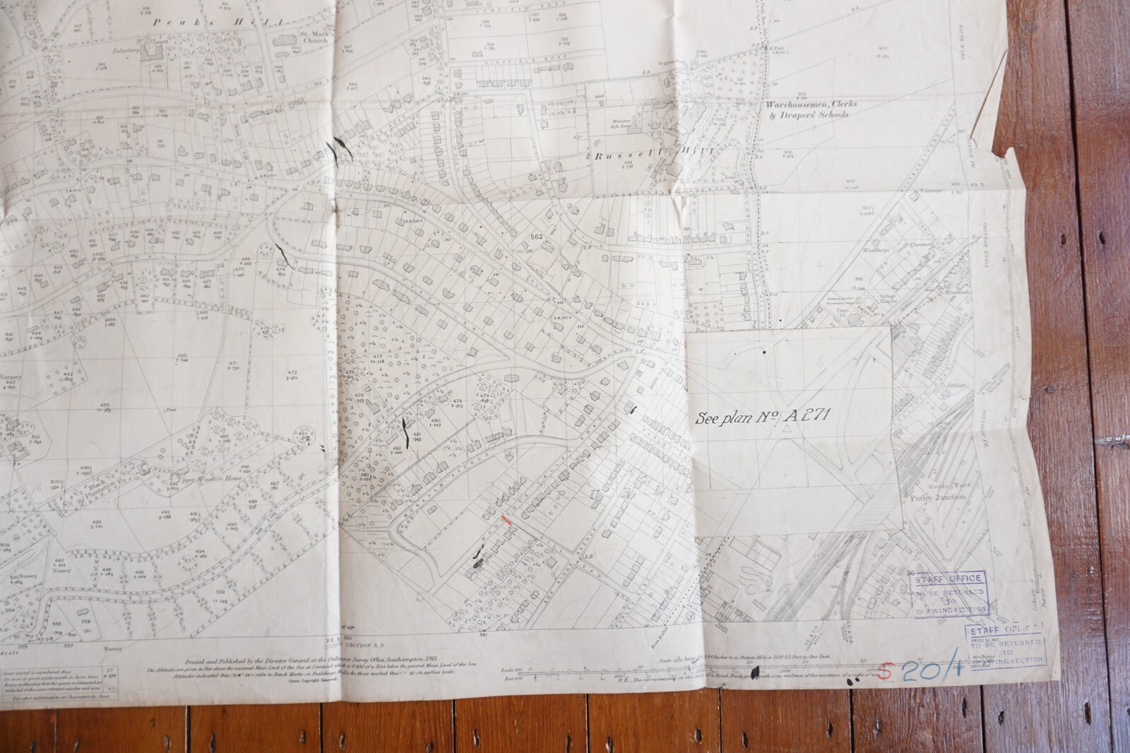 1913 Russell Hill Peaks Hill OS Railway Map London