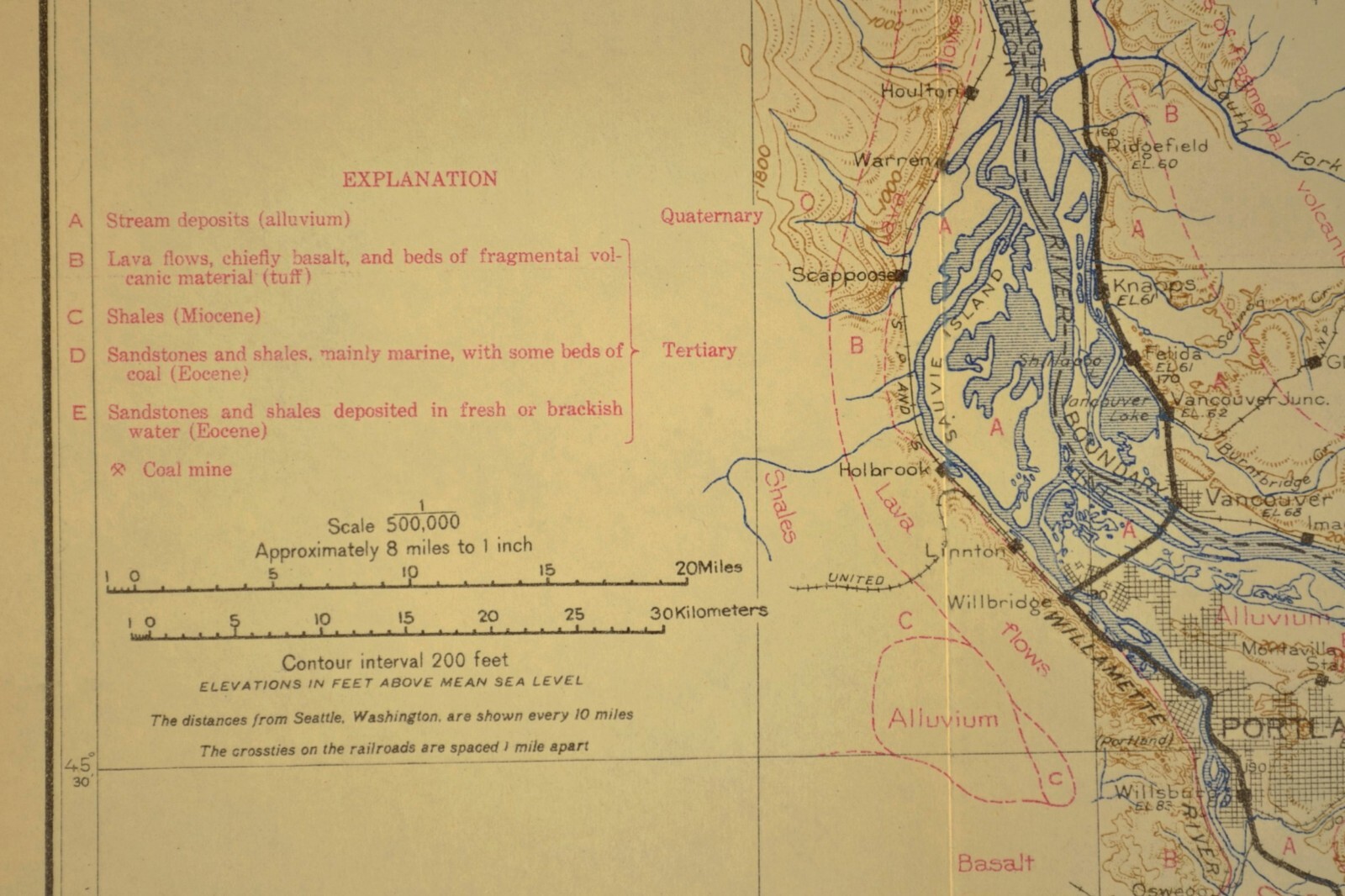 1915 Antique Southern Pacific Railroad Map Portland Oregon Vancouver WA Geologic