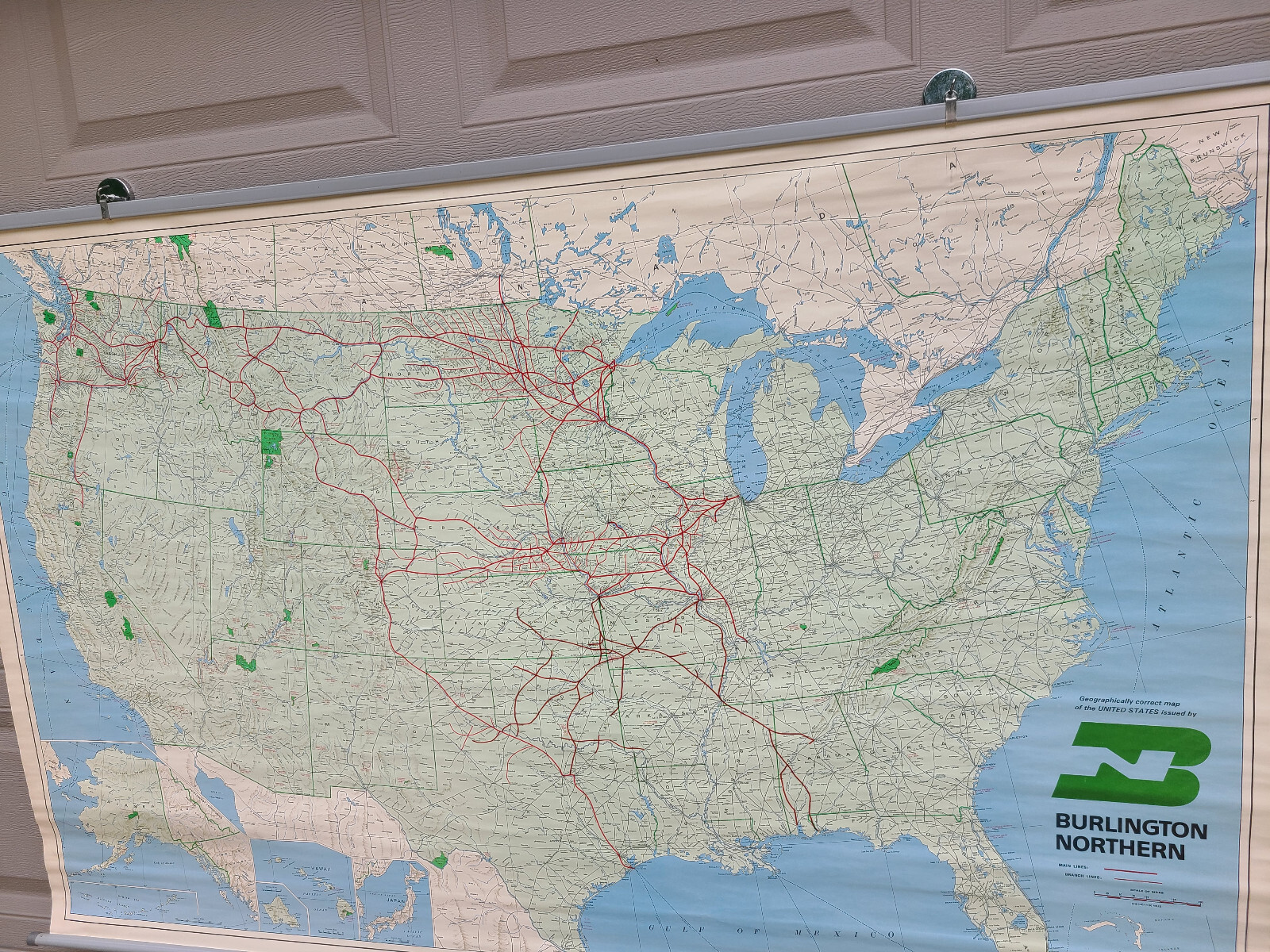 5 foot 1971 Burlington Northern Railroad Frisco Railway and U.S. Map. Nice!