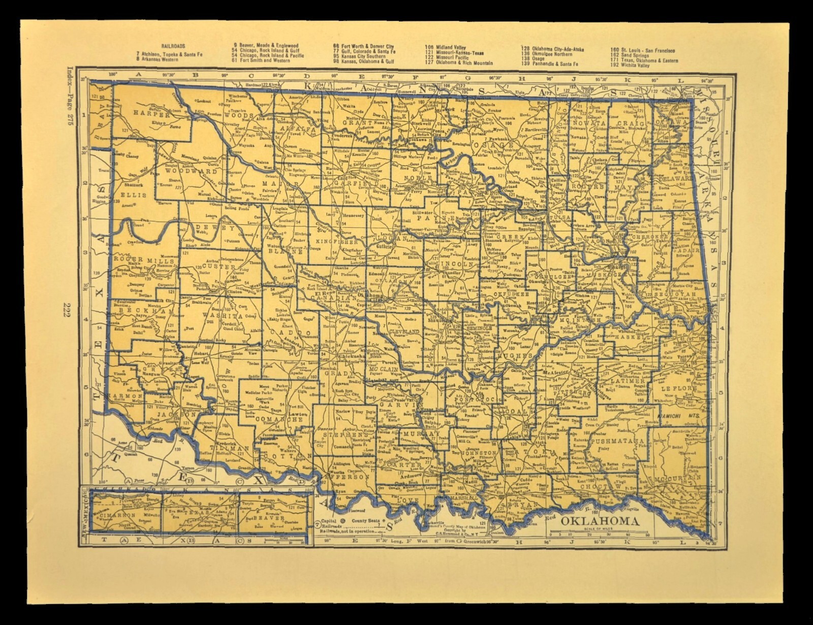 ca1938 OKLAHOMA Railroad Map Depot Towns AT&SF RR Historic Original Atlas Map