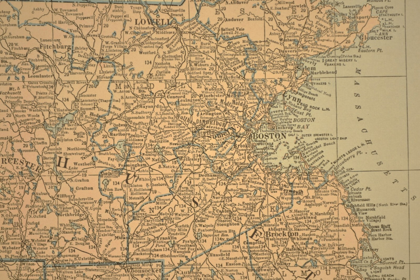 SOUTHERN NEW ENGLAND Map Railroad Massachusetts Old Original Antique