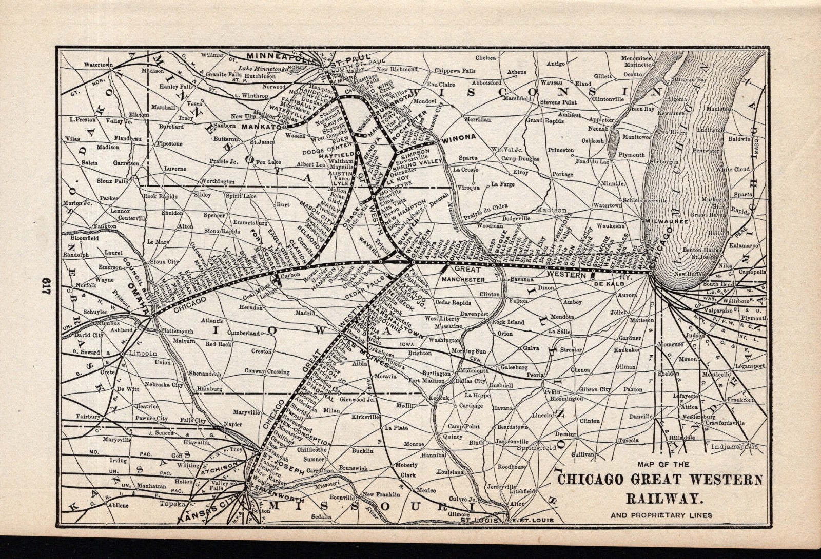 1909 Antique Chicago Great Western Railway Map Vintage Railroad Map 2530