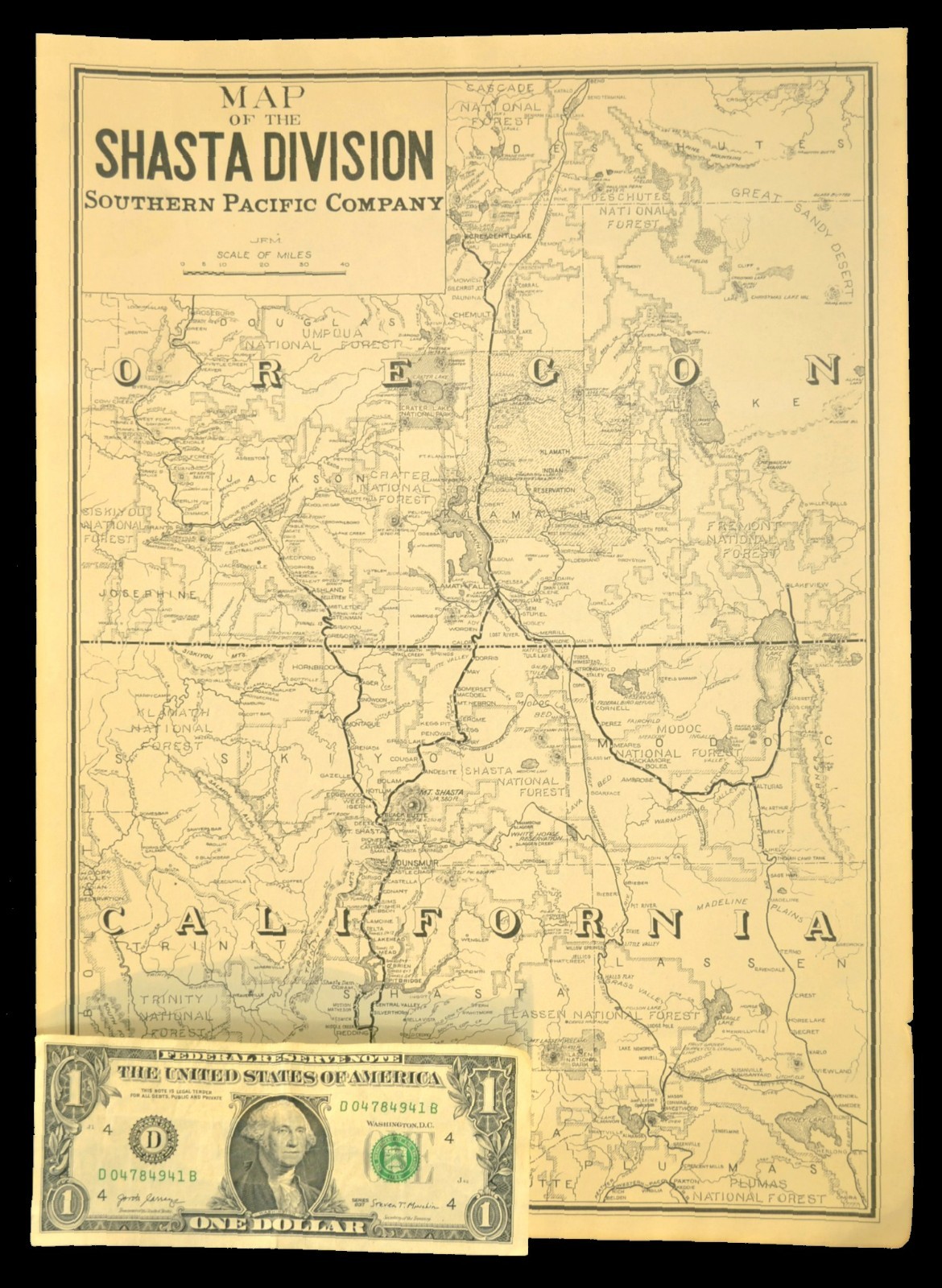 ca 1945 Southern Pacific Railroad Map Shasta Line RR Modoc Line Klamath Falls