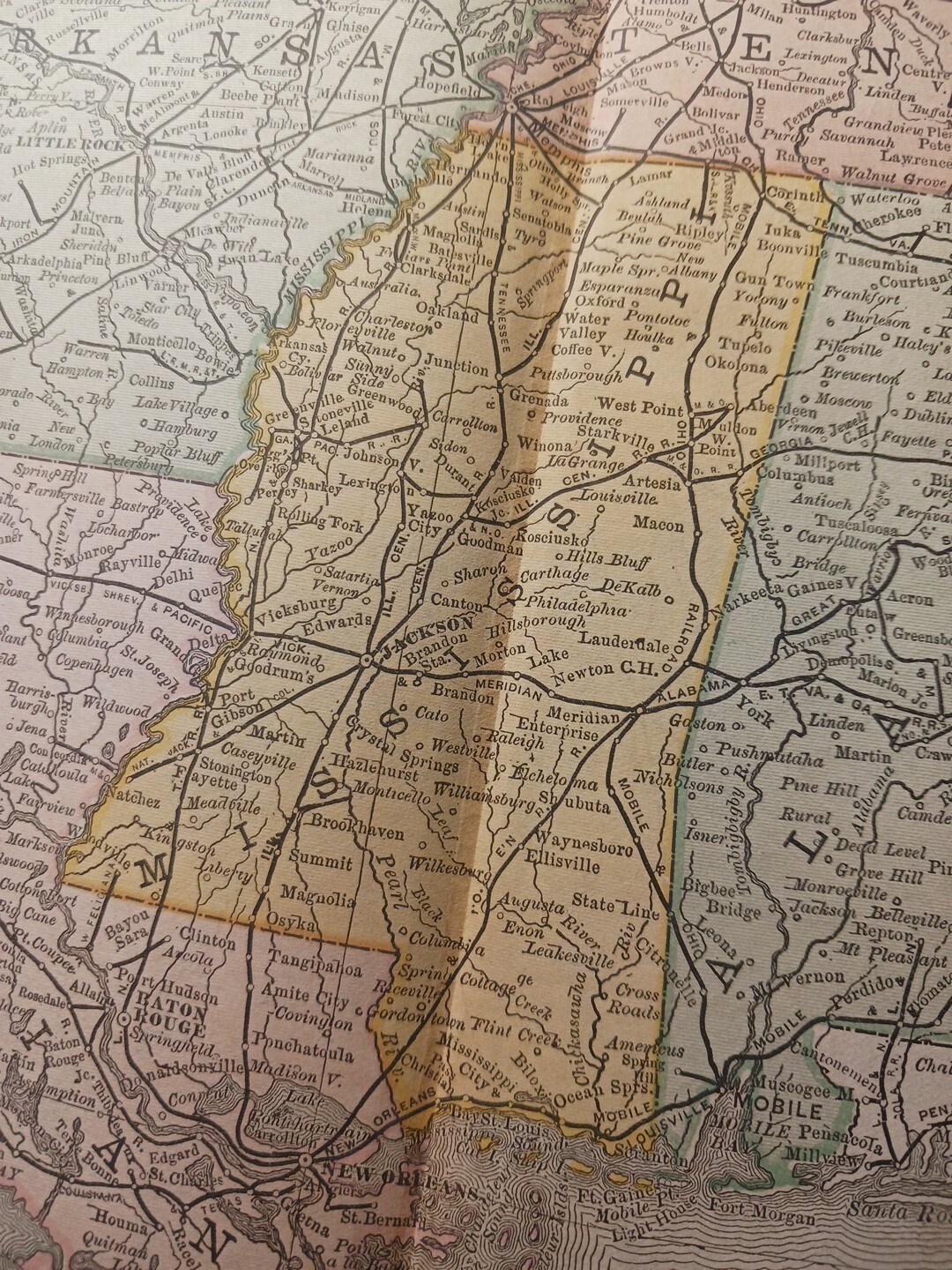 1886 Train Route Map Alabama Louisiana Mississippi TN AR Railroad Lines 9″x 11″