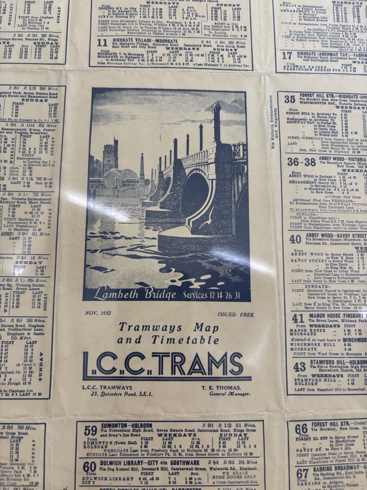 1932 LCC Trams Map Timetable London County Council Tramways Original Nov